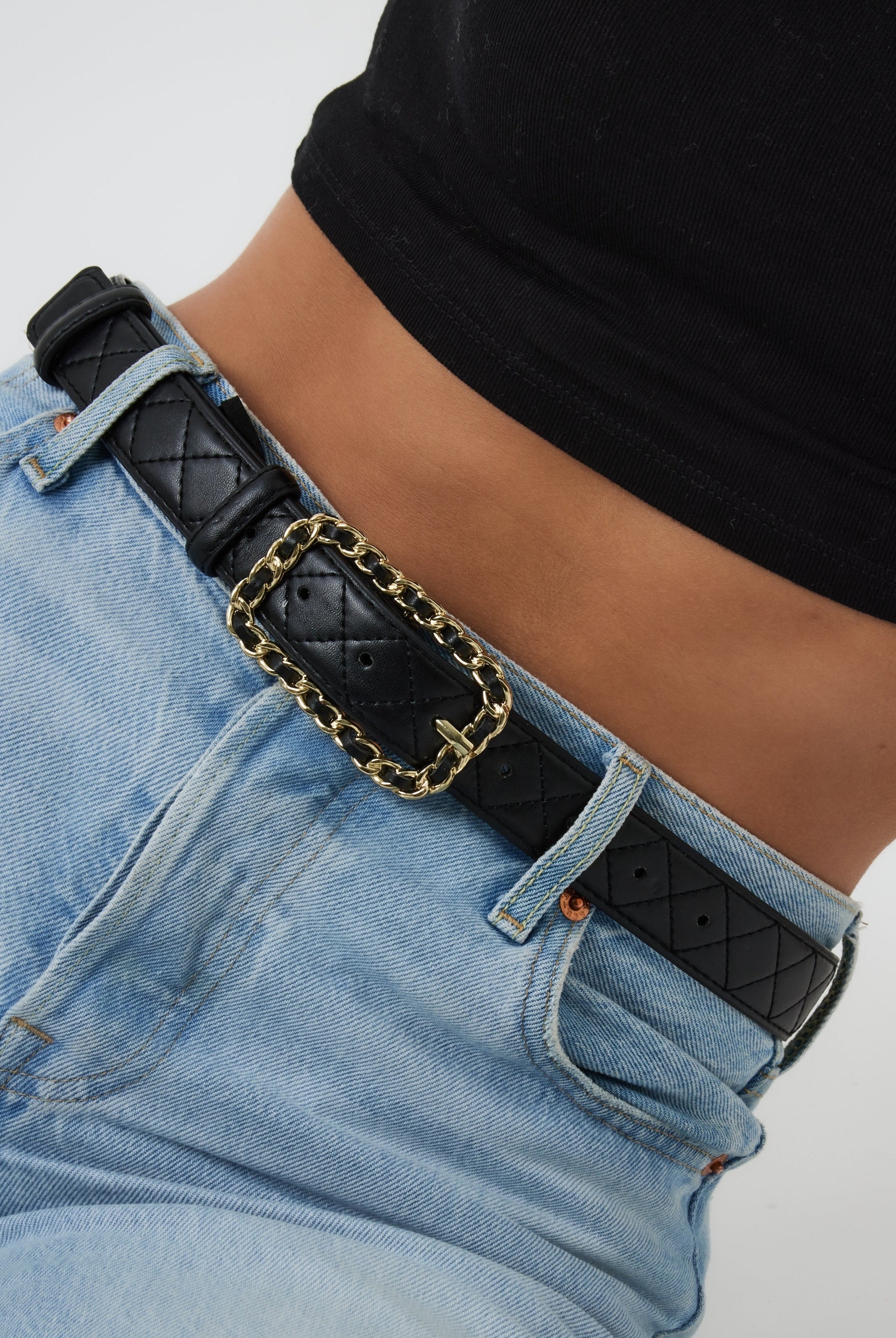 My Accessories London Quilted Chain Buckle Belt in Black | Everyday | Casual | Essential | Glam | Women | Women's | Belts | Work | Date | Old Money | Plaza Core | Twee |