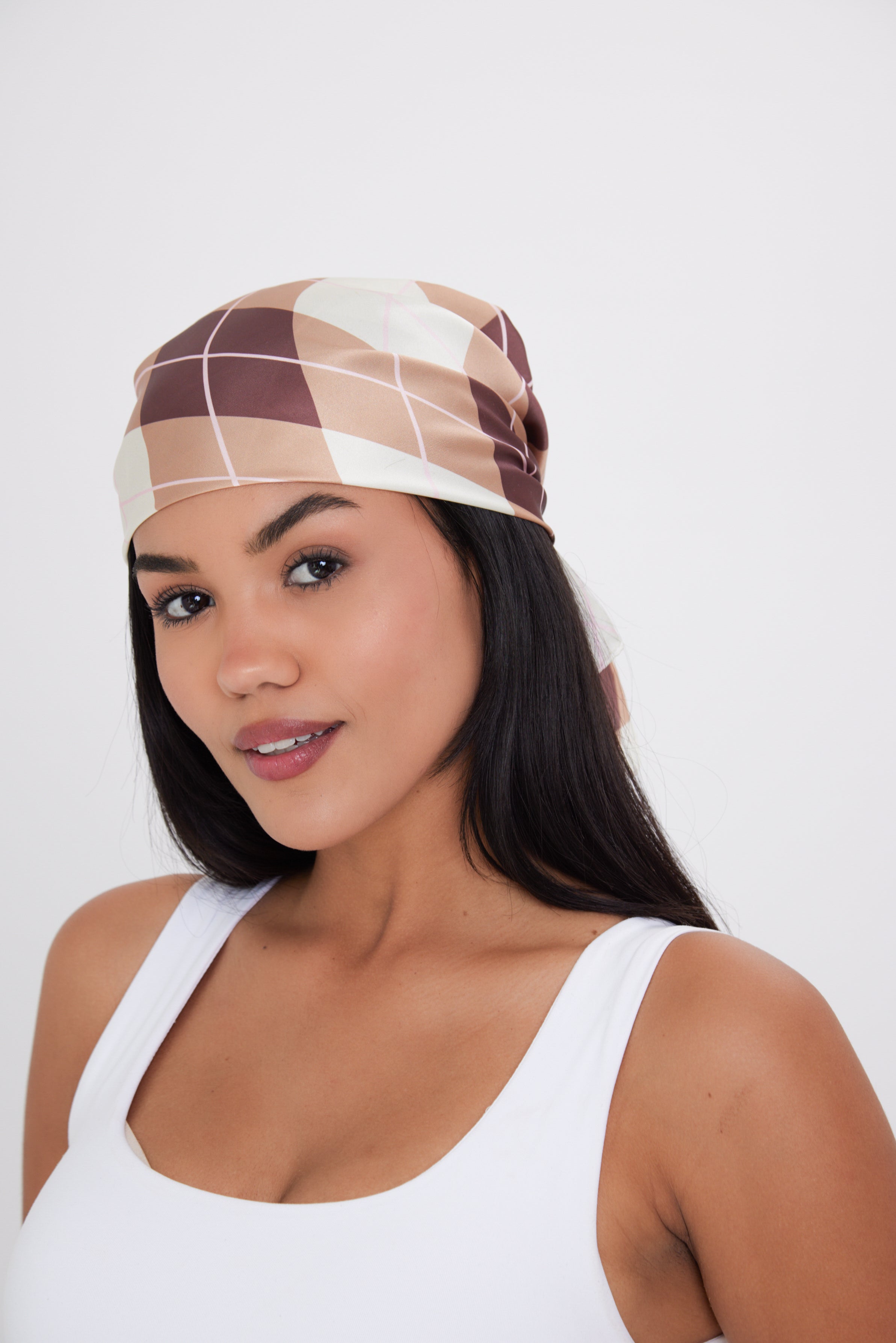Multiway Headscarf in Brown Argyle Print | Bandana | Check | Neck Tie | Top | Festival | Party | Summer | Holiday | Beach | Women's Accessories | Accessory