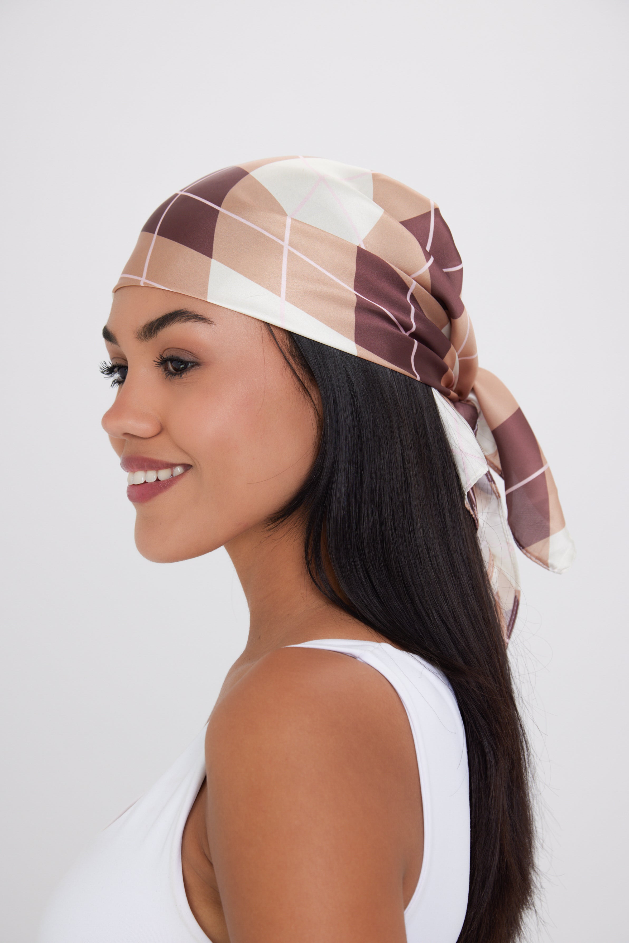 Multiway Headscarf in Brown Argyle Print | Bandana | Check | Neck Tie | Top | Festival | Party | Summer | Holiday | Beach | Women's Accessories | Accessory