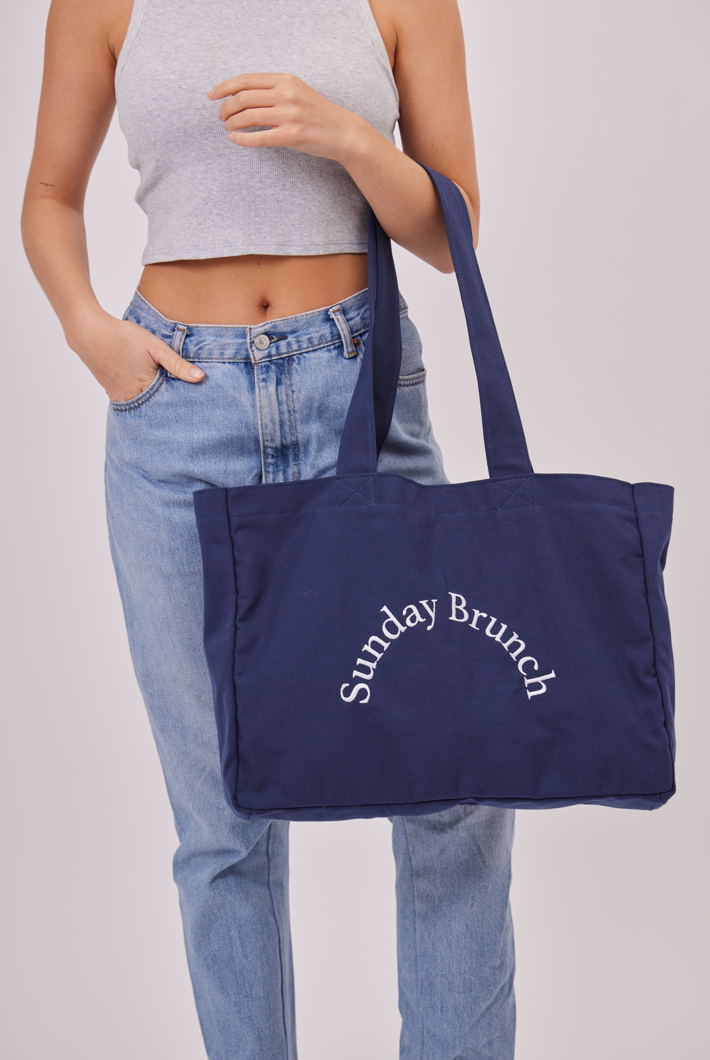 Oversized Canvas Sunday brunch Tote bag in Navy Blue | summer bag | beach bag | tote bag | shopper bag | gym bag | streetwear bag | holiday bag | minimal accessories | Women's bag | women's accessories | unisex tote bag | unisex bag | embroidered tote bag | canvas bag | canvas tote | blue tote bag | athleisure bag |