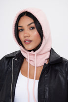 My Accessories London Drawstring Balaclava in Pink | My Accessories London Drawstring Balaclava | pink balaclava | women's balaclava | balaclava for women | accessories for women | winter balaclava | girls balaclava | balaclava for girls | knitted hood  | knitted snood | winter hood | drawstring hood | baby pink hat | light pink hood | light pink balaclava