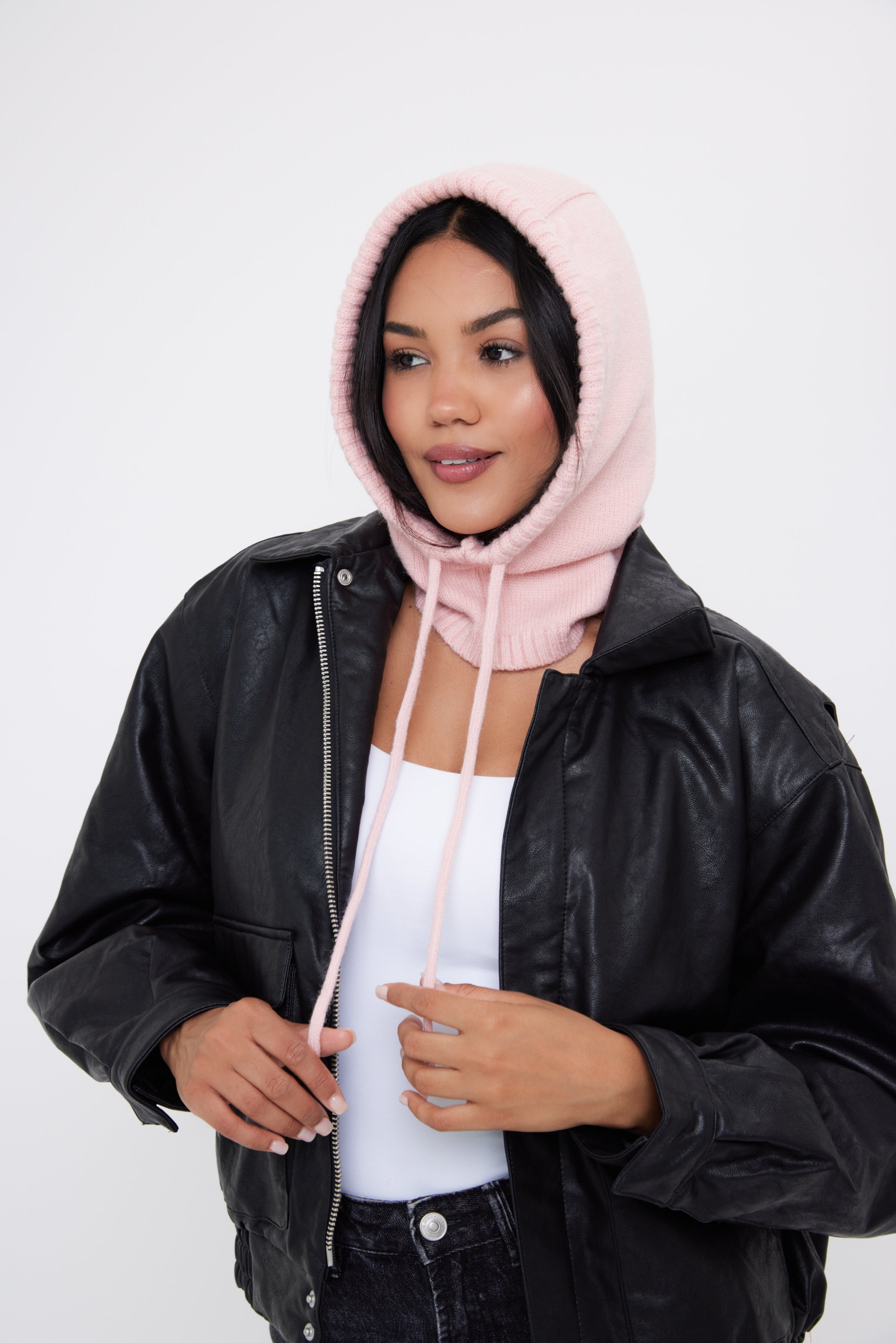 My Accessories London Drawstring Balaclava in Pink | My Accessories London Drawstring Balaclava | pink balaclava | women's balaclava | balaclava for women | accessories for women | winter balaclava | girls balaclava | balaclava for girls | knitted hood  | knitted snood | winter hood | drawstring hood | baby pink hat | light pink hood | light pink balaclava