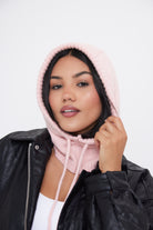 My Accessories London Drawstring Balaclava in Pink | My Accessories London Drawstring Balaclava | pink balaclava | women's balaclava | balaclava for women | accessories for women | winter balaclava | girls balaclava | balaclava for girls | knitted hood  | knitted snood | winter hood | drawstring hood | baby pink hat | light pink hood | light pink balaclava