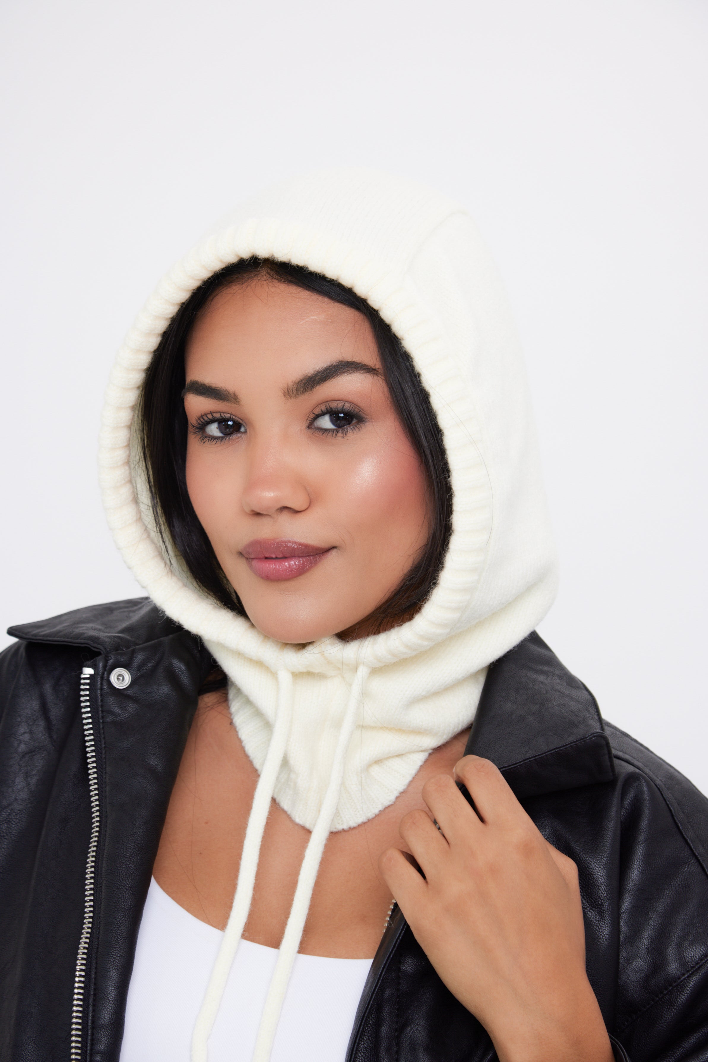 My Accessories London Drawstring Balaclava in Cream | My Accessories London Drawstring Balaclava | cream balaclava | women's balaclava | balaclava for women | accessories for women | winter balaclava | girls balaclava | balaclava for girls | knitted hood  | knitted snood | winter hood | drawstring hood | off white hat | light hood | white balaclava