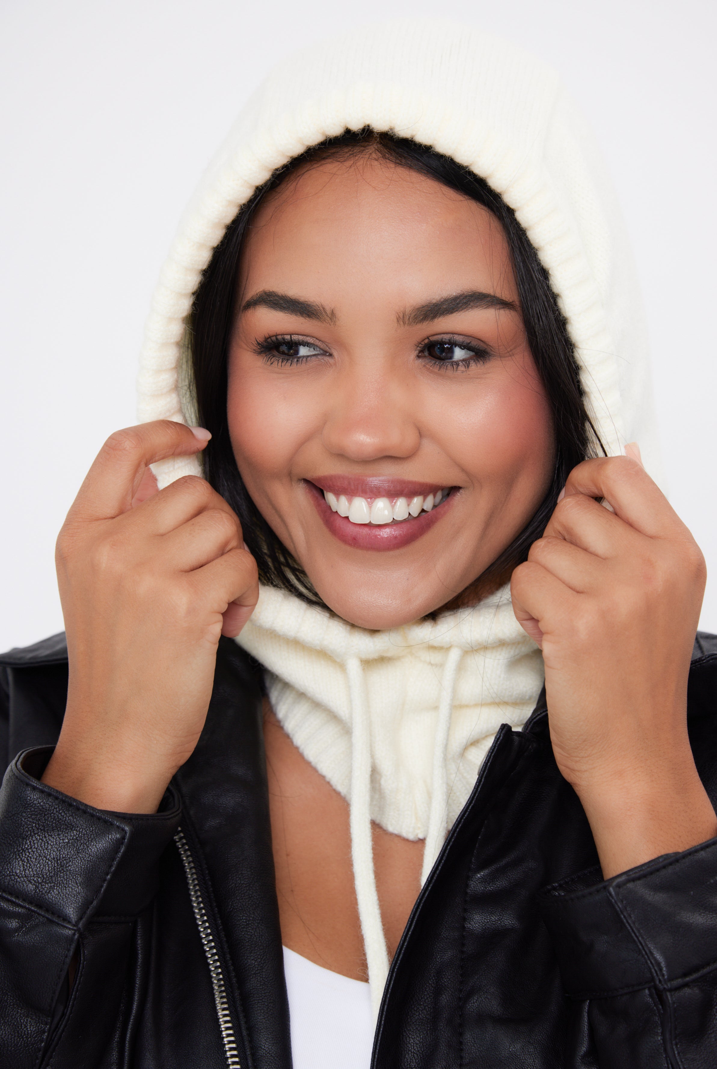 My Accessories London Drawstring Balaclava in Cream | My Accessories London Drawstring Balaclava | cream balaclava | women's balaclava | balaclava for women | accessories for women | winter balaclava | girls balaclava | balaclava for girls | knitted hood | knitted snood | winter hood | drawstring hood | off white hat | light hood | white balaclava