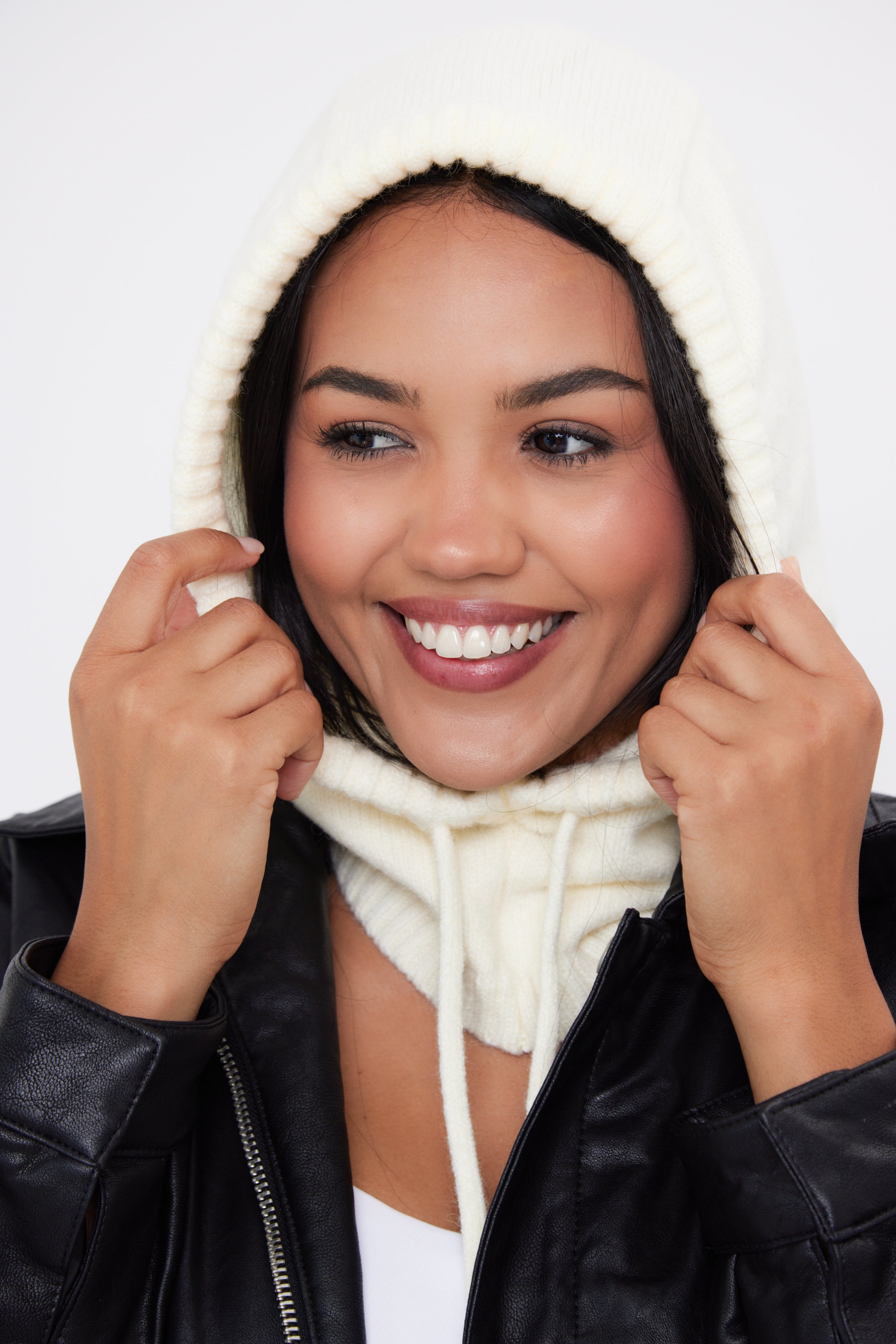 My Accessories London Drawstring Balaclava in Cream | My Accessories London Drawstring Balaclava | cream balaclava | women's balaclava | balaclava for women | accessories for women | winter balaclava | girls balaclava | balaclava for girls | knitted hood  | knitted snood | winter hood | drawstring hood | off white hat | light hood | white balaclava