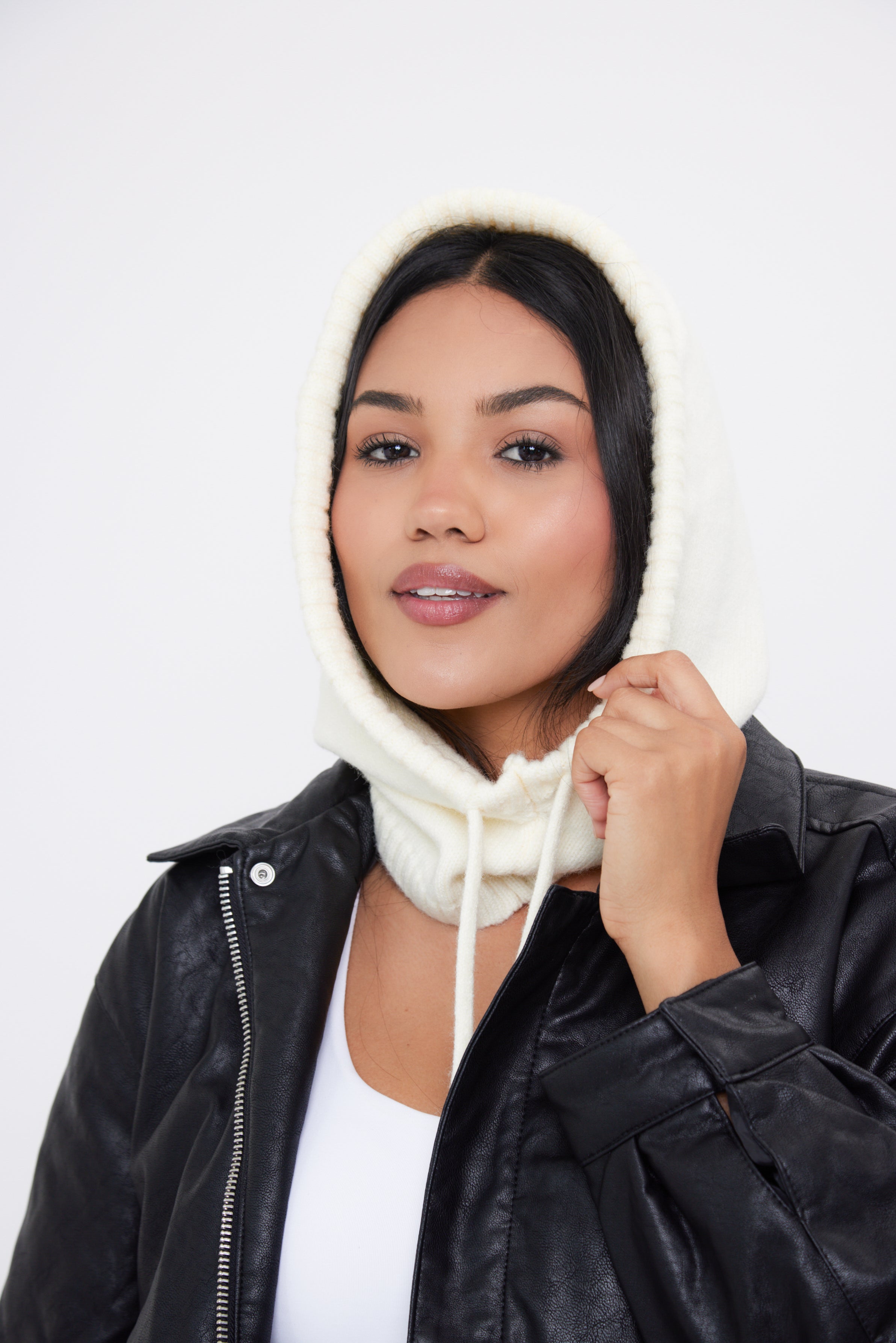 My Accessories London Drawstring Balaclava in Cream | My Accessories London Drawstring Balaclava | cream balaclava | women's balaclava | balaclava for women | accessories for women | winter balaclava | girls balaclava | balaclava for girls | knitted hood  | knitted snood | winter hood | drawstring hood | off white hat | light hood | white balaclava