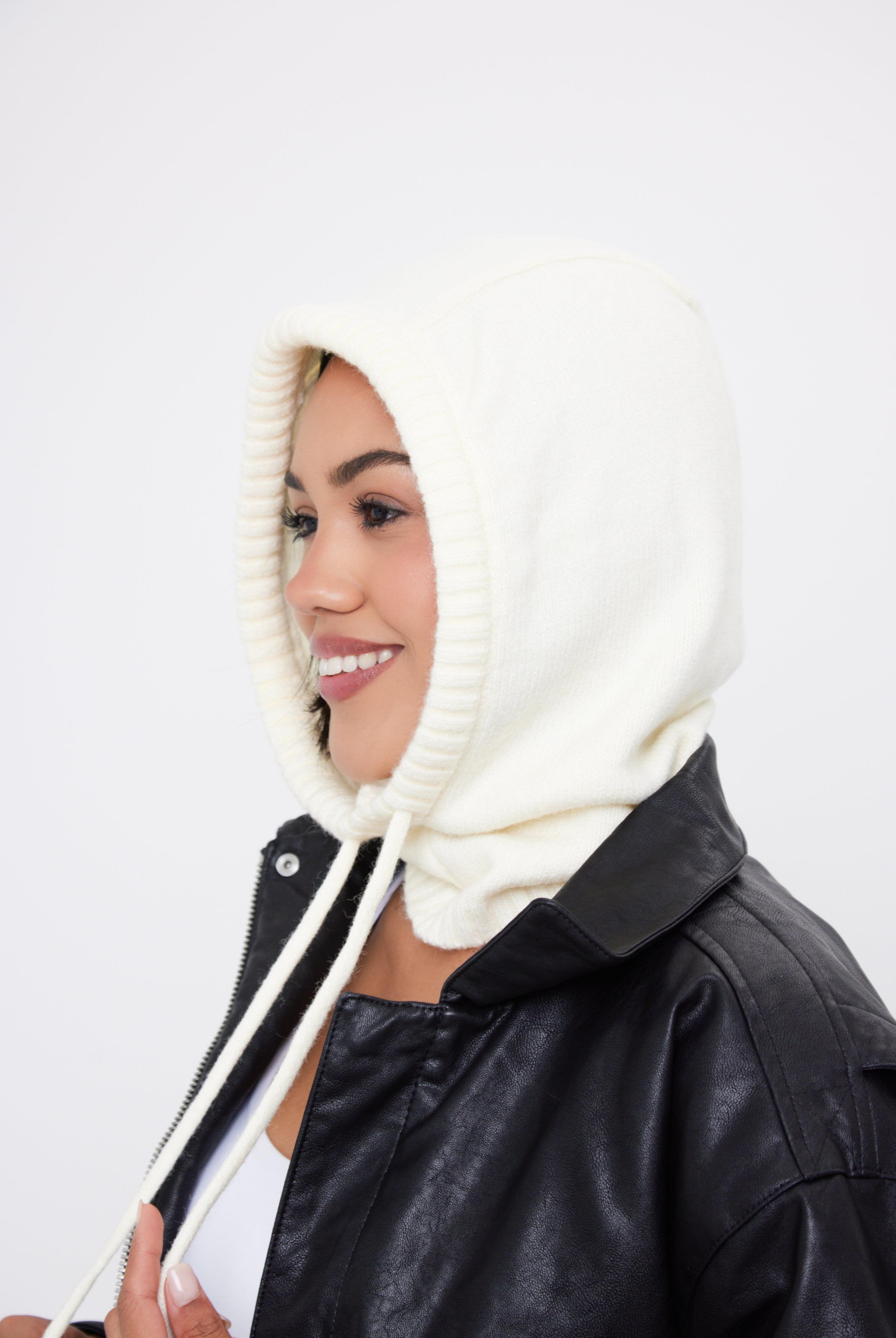 My Accessories London Drawstring Balaclava in Cream | My Accessories London Drawstring Balaclava | cream balaclava | women's balaclava | balaclava for women | accessories for women | winter balaclava | girls balaclava | balaclava for girls | knitted hood | knitted snood | winter hood | drawstring hood | off white hat | light hood | white balaclava