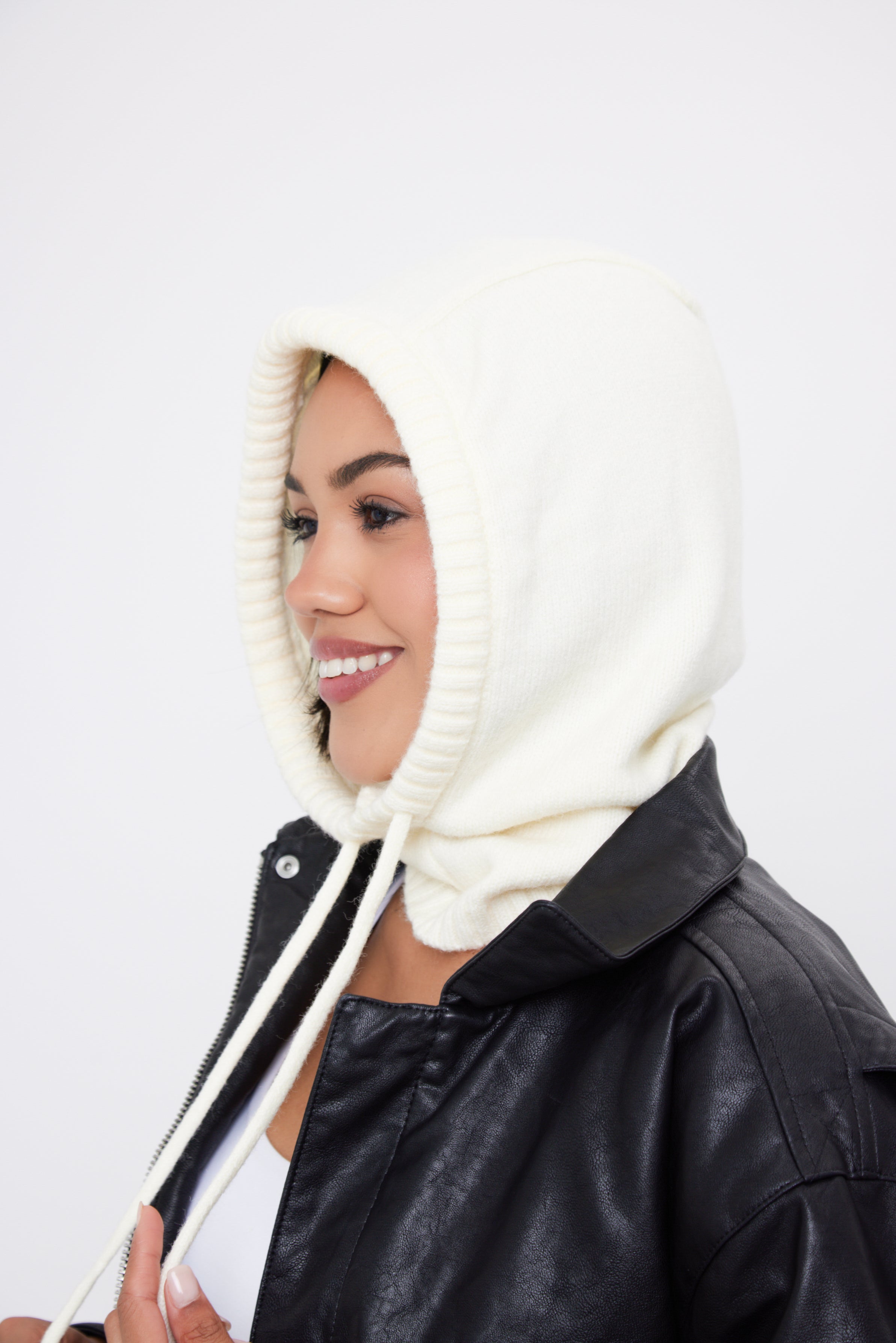 My Accessories London Drawstring Balaclava in Cream | My Accessories London Drawstring Balaclava | cream balaclava | women's balaclava | balaclava for women | accessories for women | winter balaclava | girls balaclava | balaclava for girls | knitted hood  | knitted snood | winter hood | drawstring hood | off white hat | light hood | white balaclava