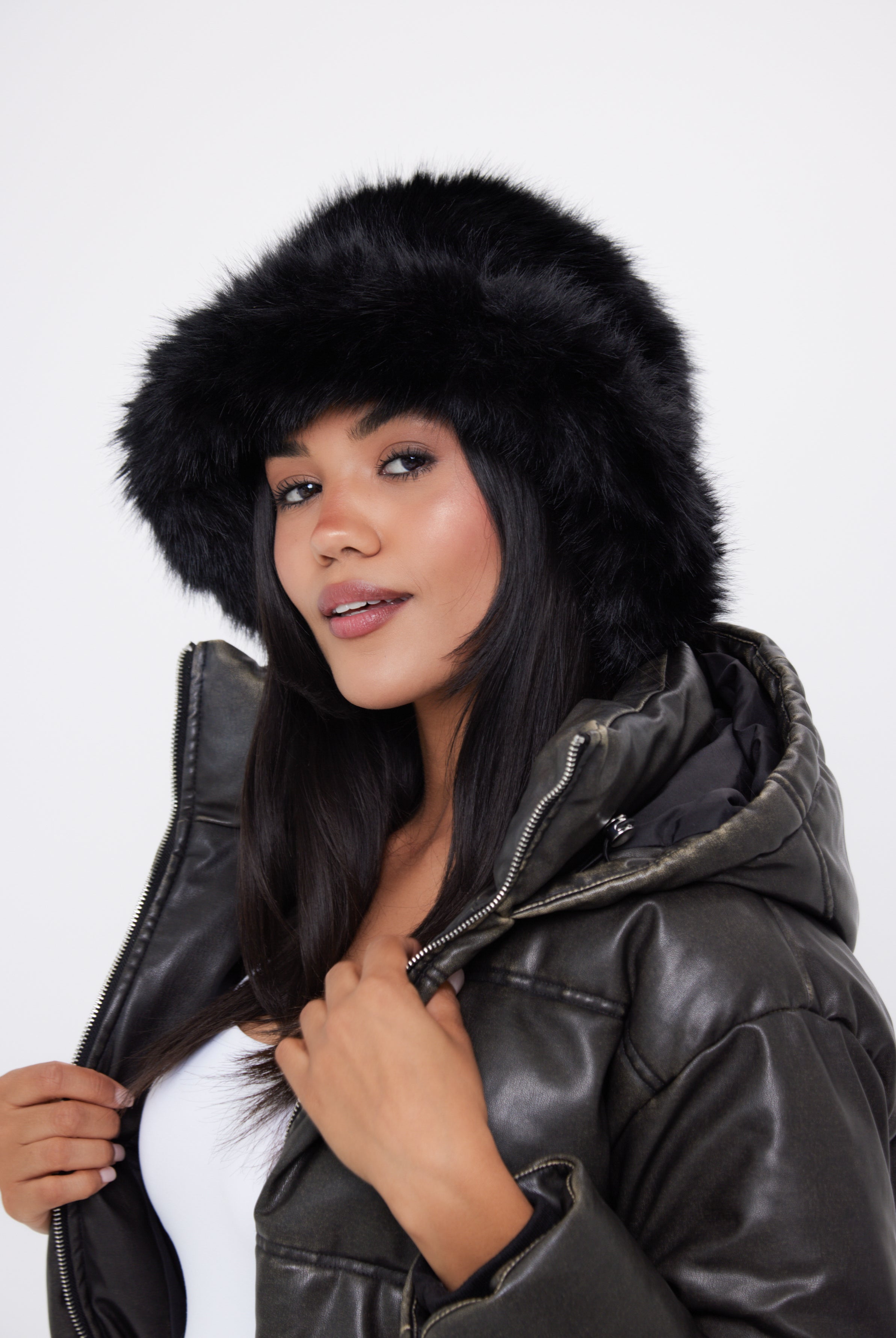 Women's stylish and ultra fluffy bucket hat made with soft faux fur in black - My Accessories London