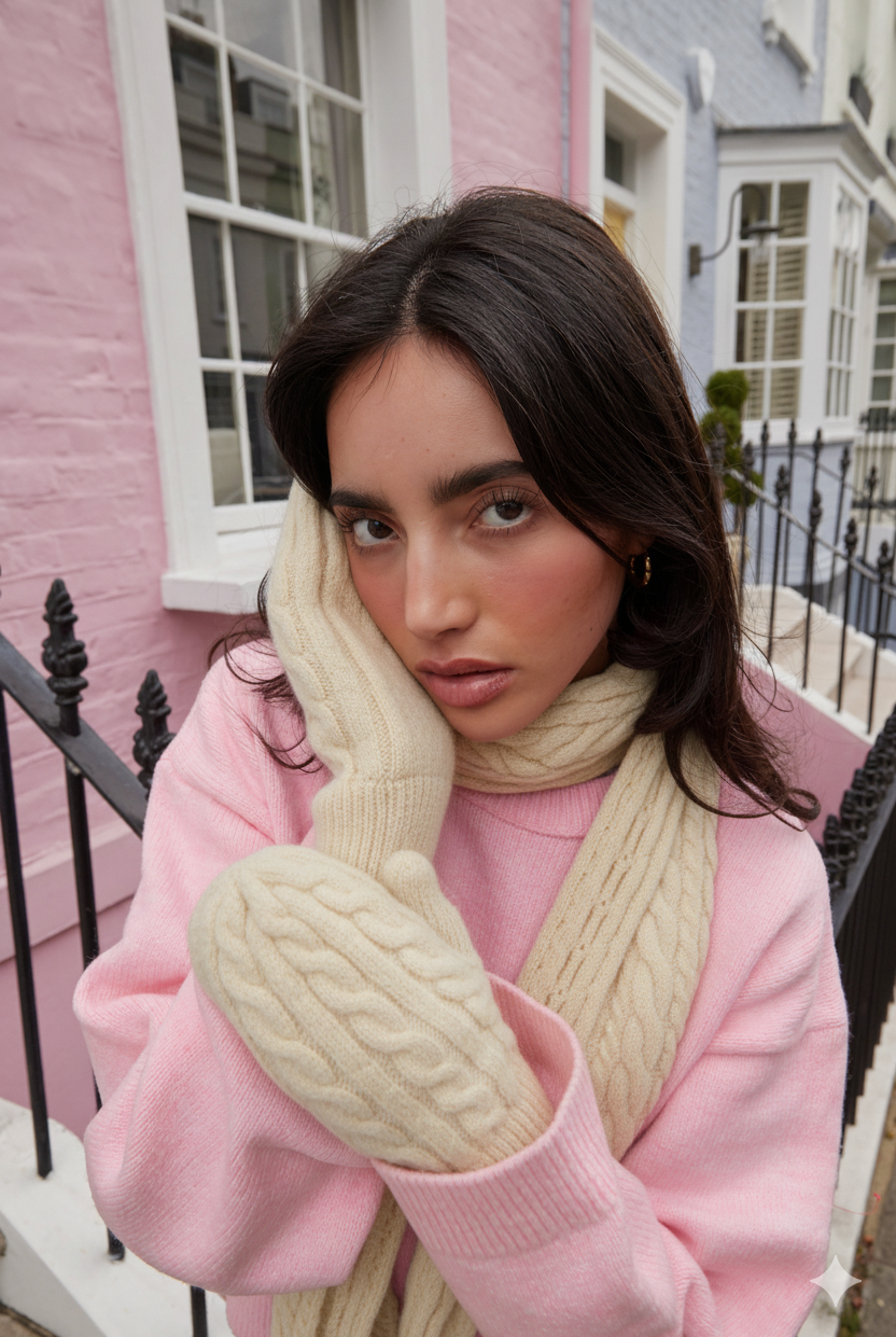 Woman wearing a pink top and cream gloves and scarf in front of a pink building.