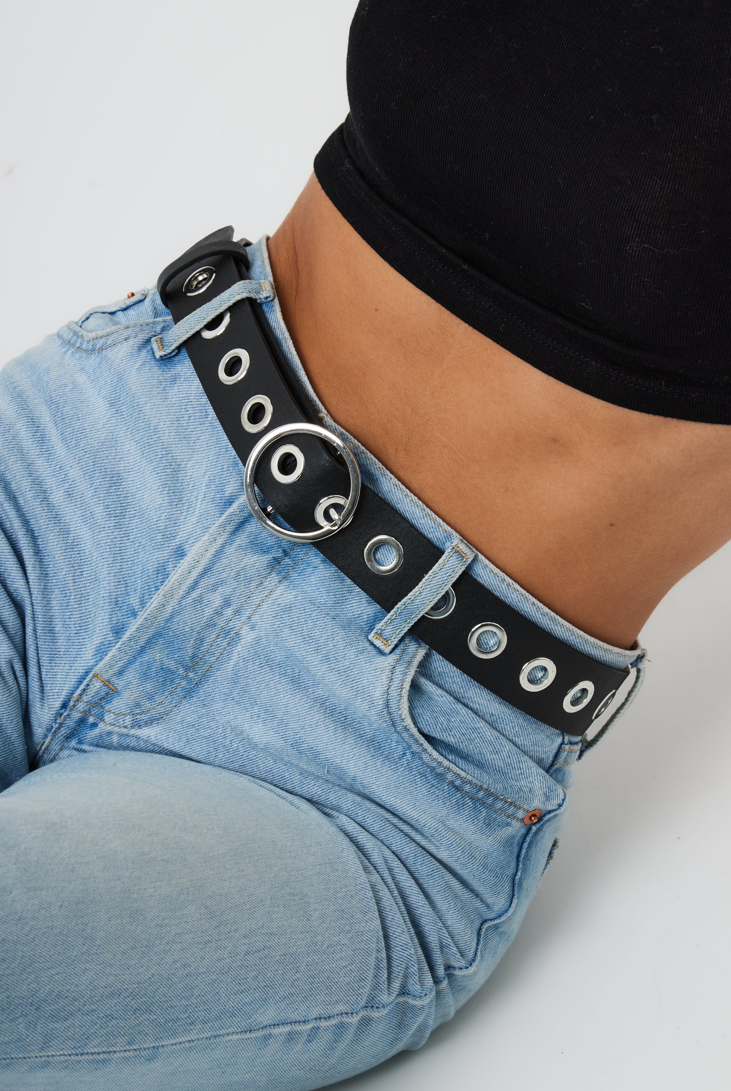 My Accessories London Circular Buckle Eyelet Belt in Black and Silver | Grunge | Festival | Party | Glam | Going Out | Going out | Women's | Accessory | Accessories | Elevated indie | Grunge Sleaze | Grunge | E girl | Rave | Work | Casual