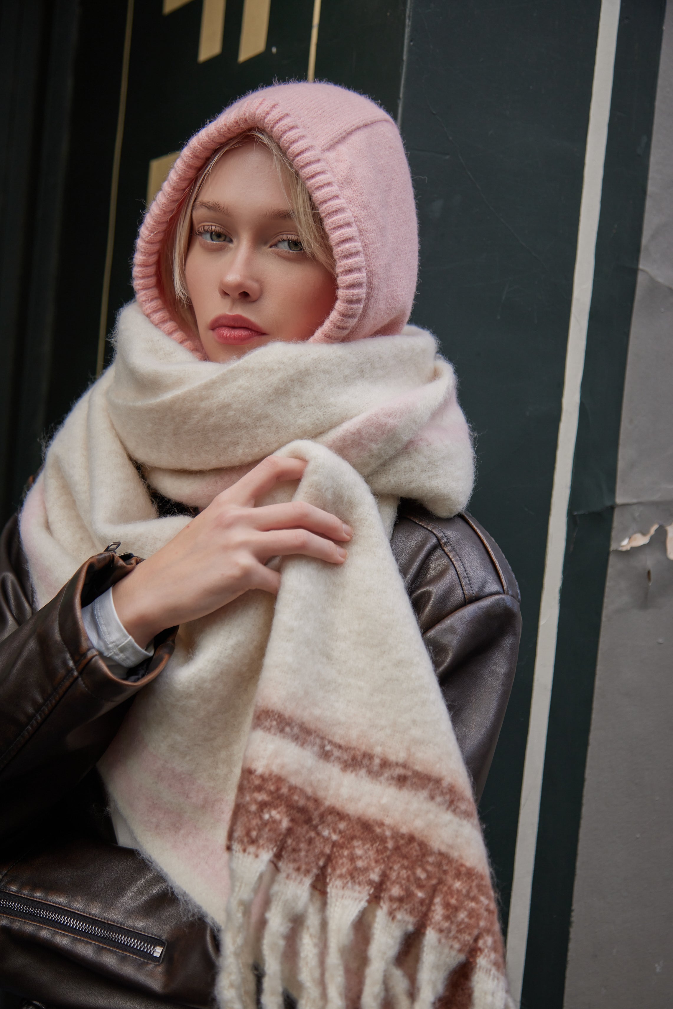My Accessories London Drawstring Balaclava in Pink | My Accessories London Drawstring Balaclava | pink balaclava | women's balaclava | balaclava for women | accessories for women | winter balaclava | girls balaclava | balaclava for girls | knitted hood  | knitted snood | winter hood | drawstring hood | baby pink hat | light pink hood | light pink balaclava
