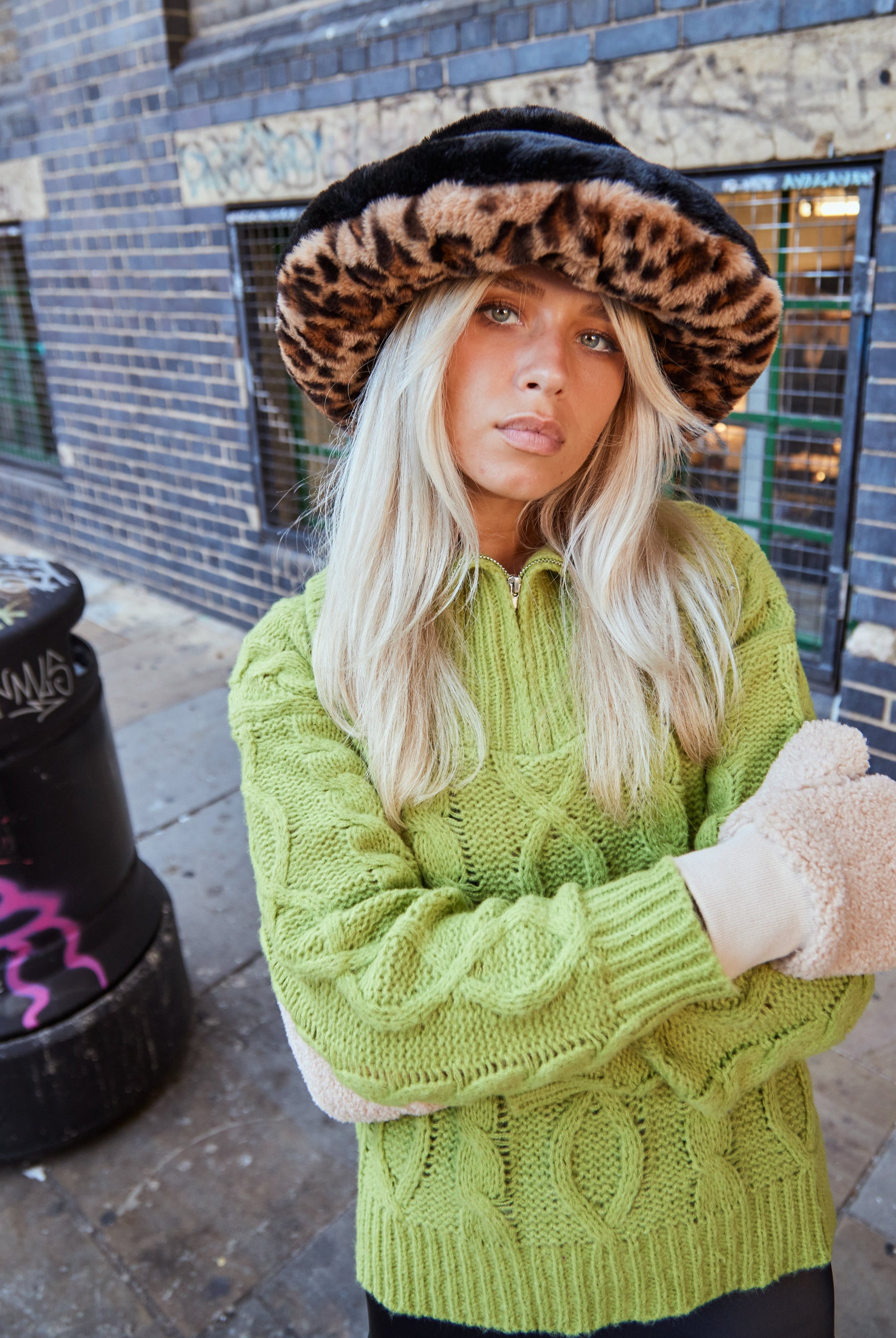 Women's Black and Leopard Fur Bucket Hat