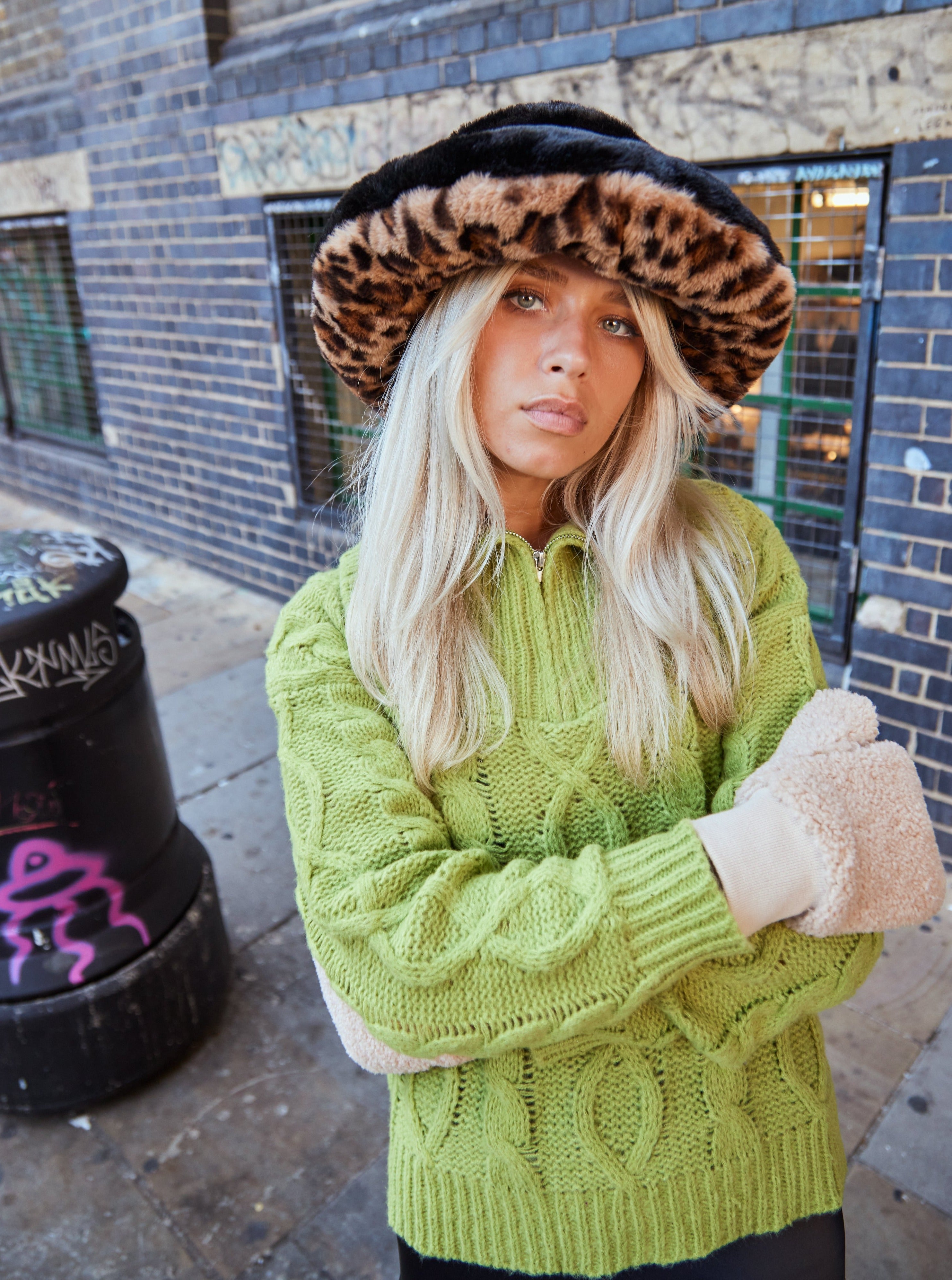 Women's Black and Leopard Fur Bucket Hat