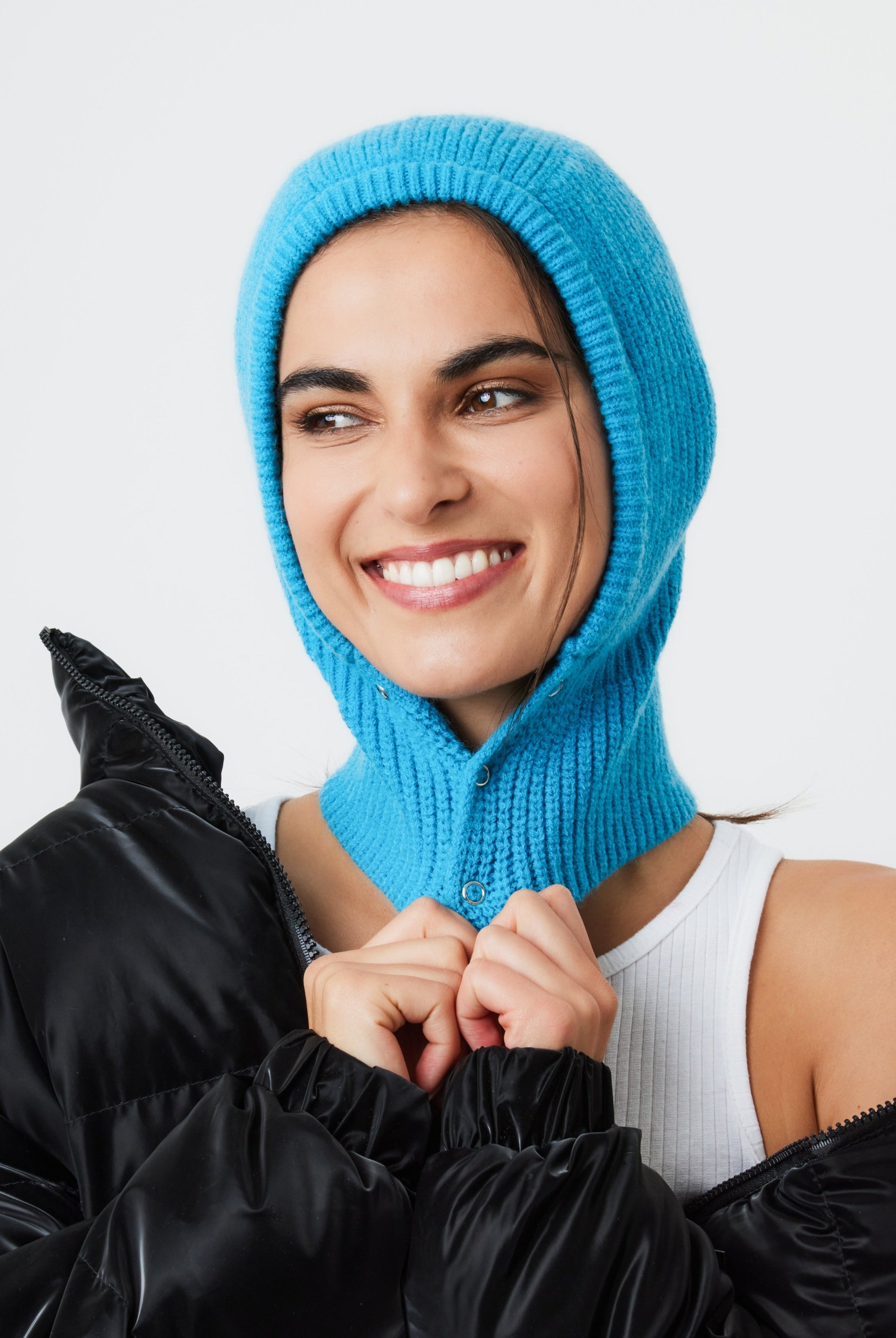Woman's Button Up Knitted Hood Balaclava in Blue