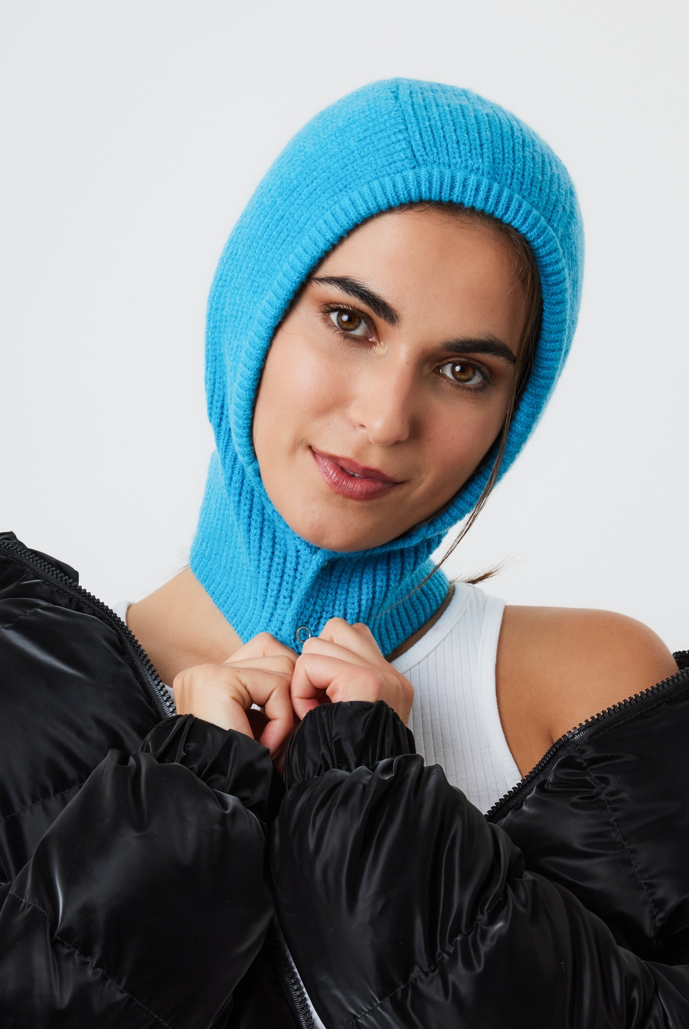 Woman's Button Up Knitted Hood Balaclava in Blue