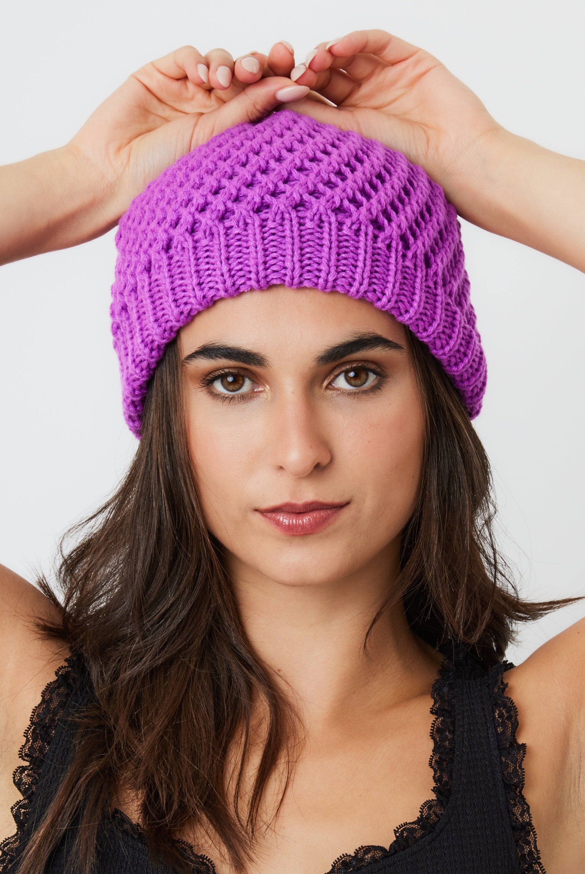 Woman's Crochet Knit Beanie in Purple