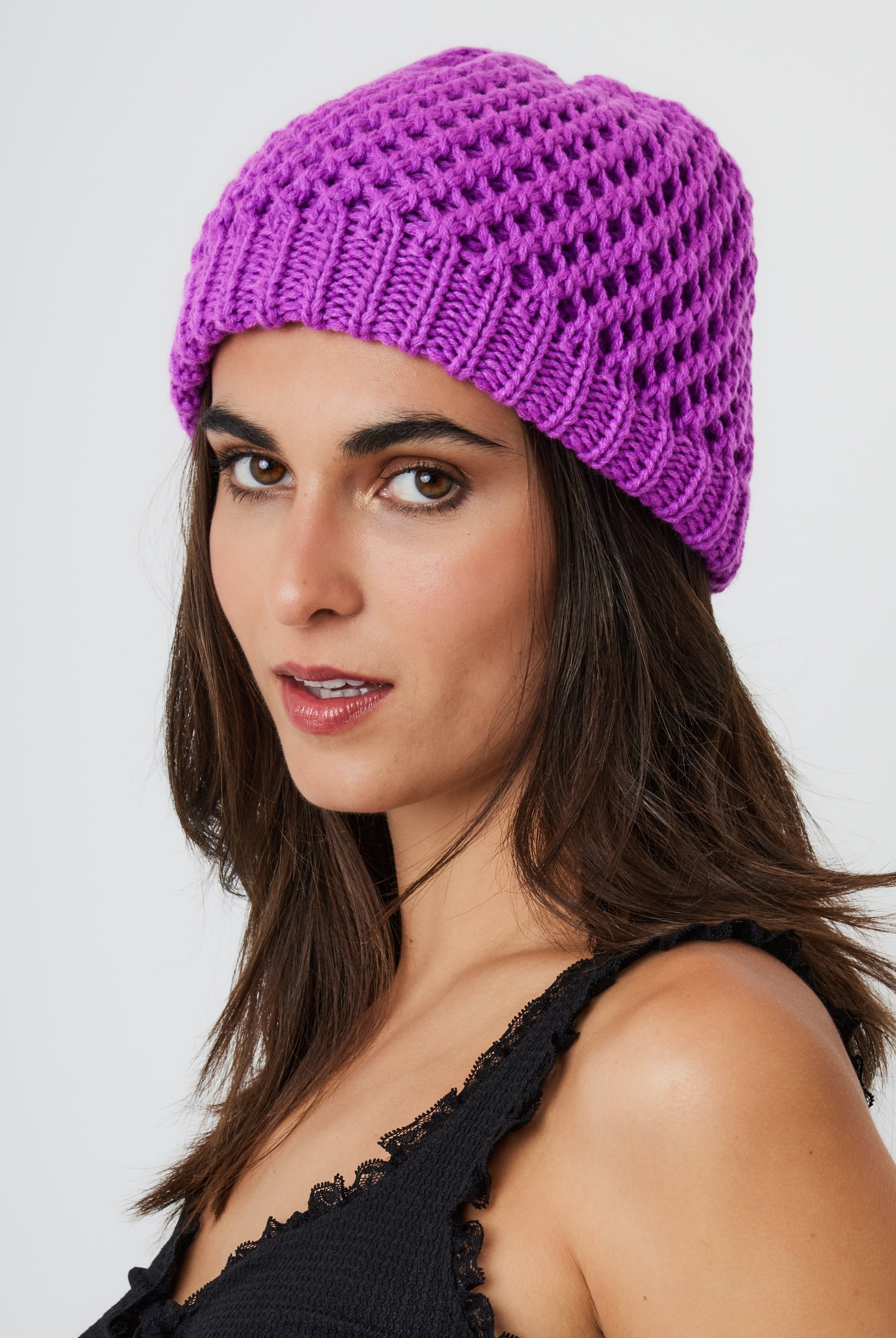 Woman's Crochet Knit Beanie in Purple