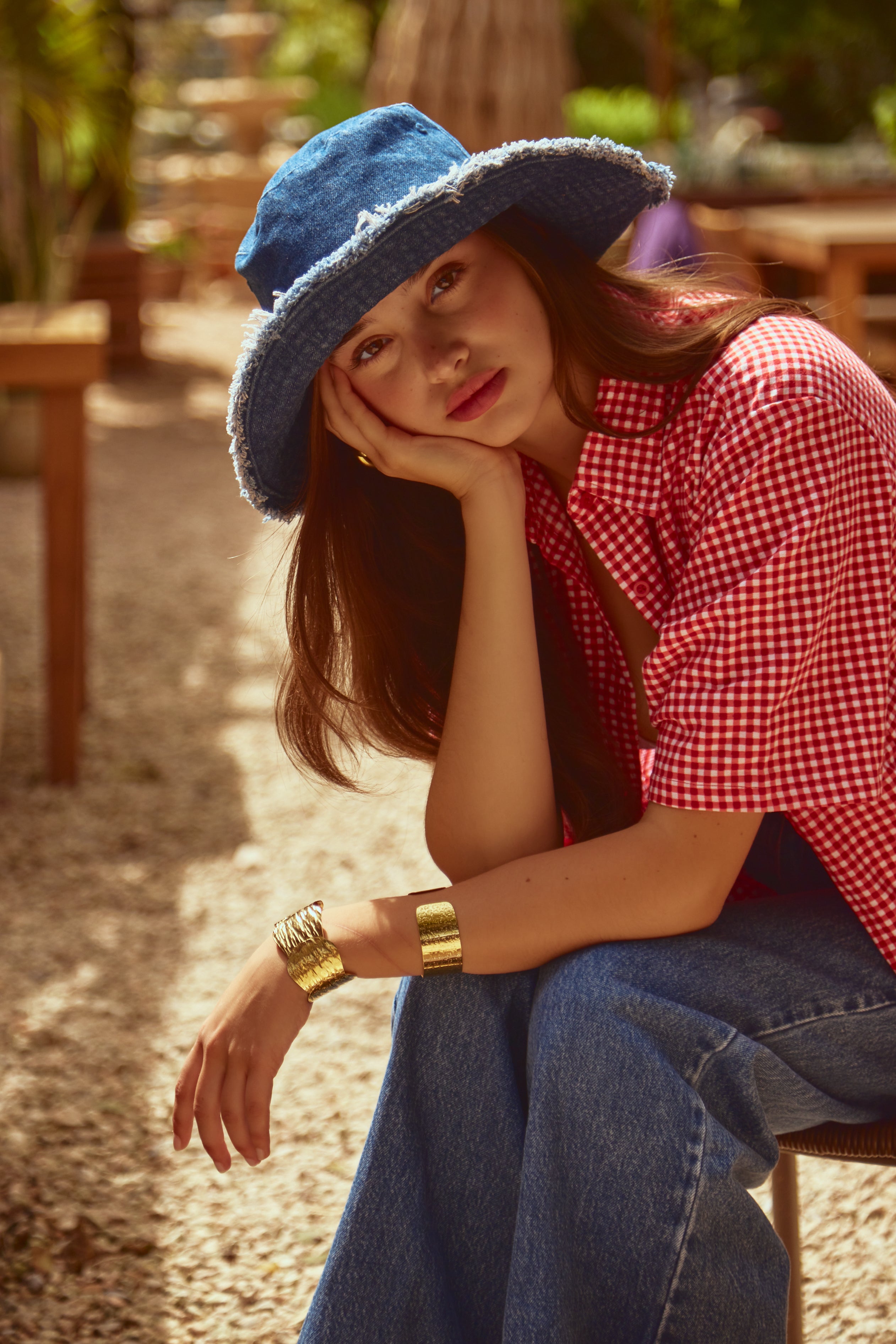 Women's Denim Bucket Hat with Frayed Edges