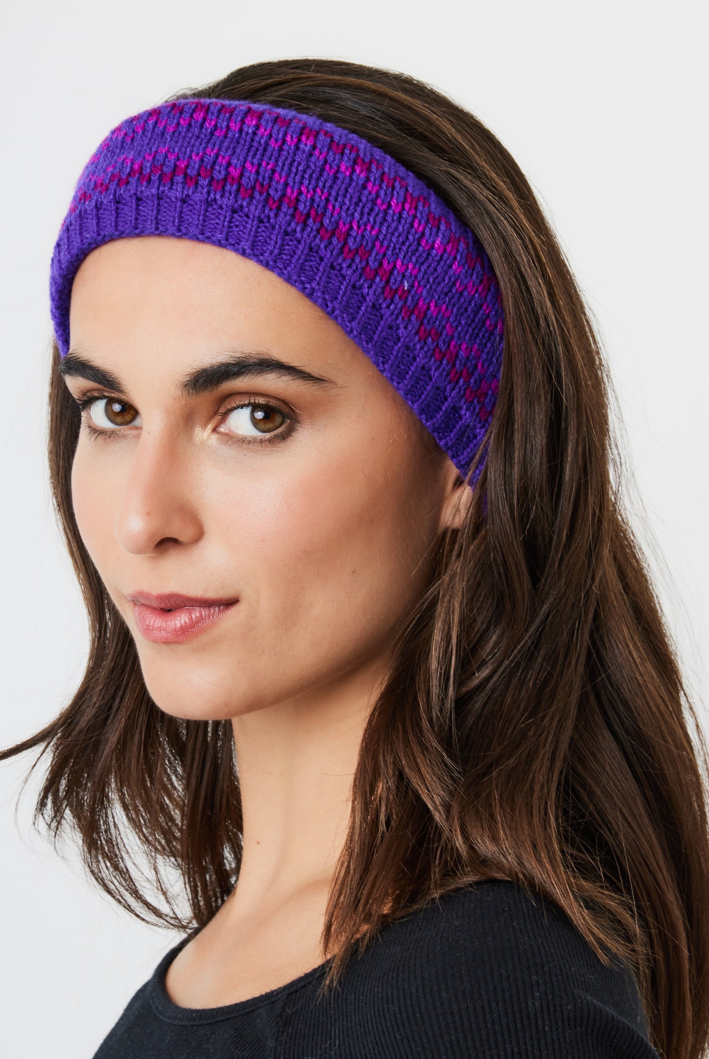 Woman's Fairisle Knitted Crochet Headband in Purple