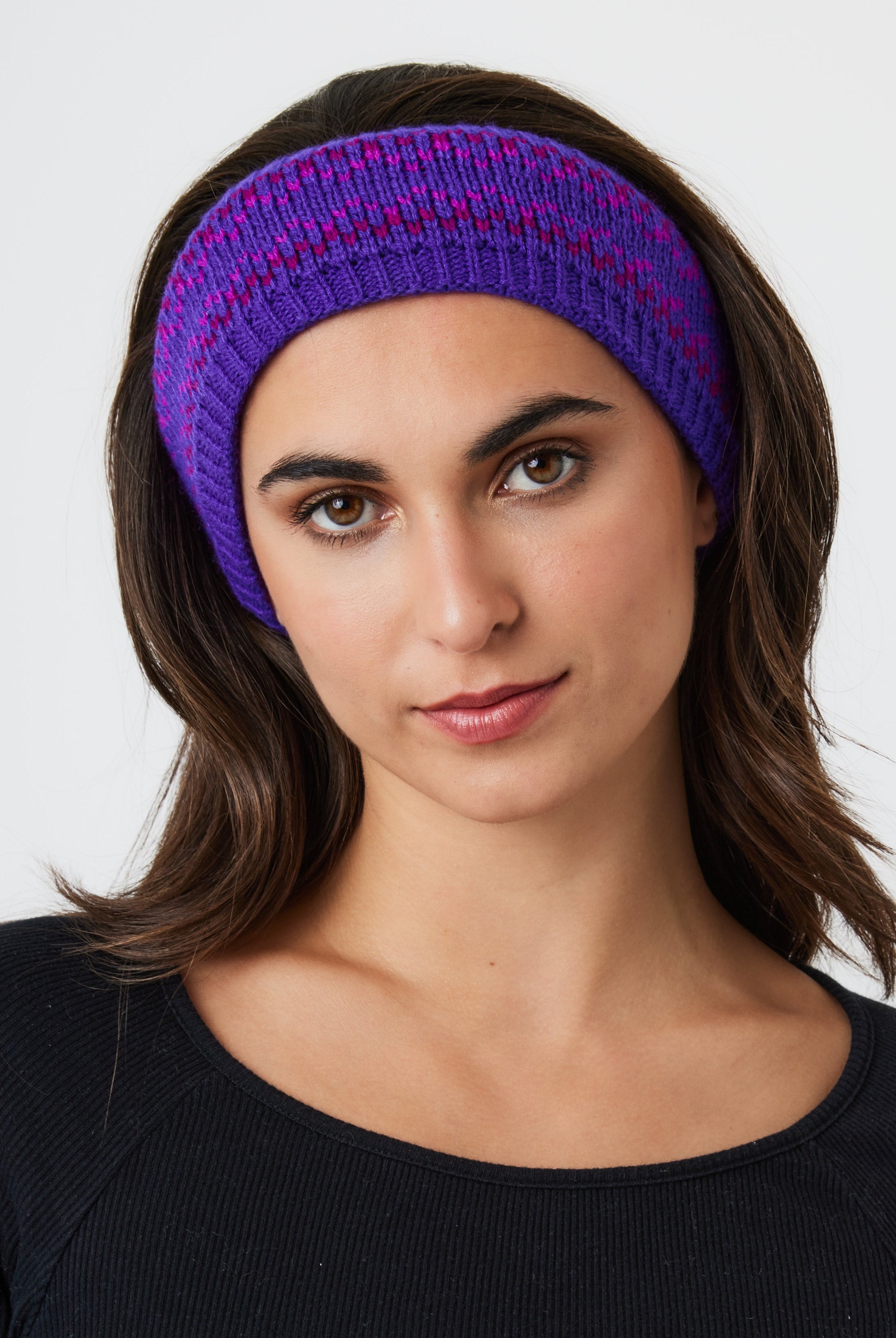 Woman's Fairisle Knitted Crochet Headband in Purple