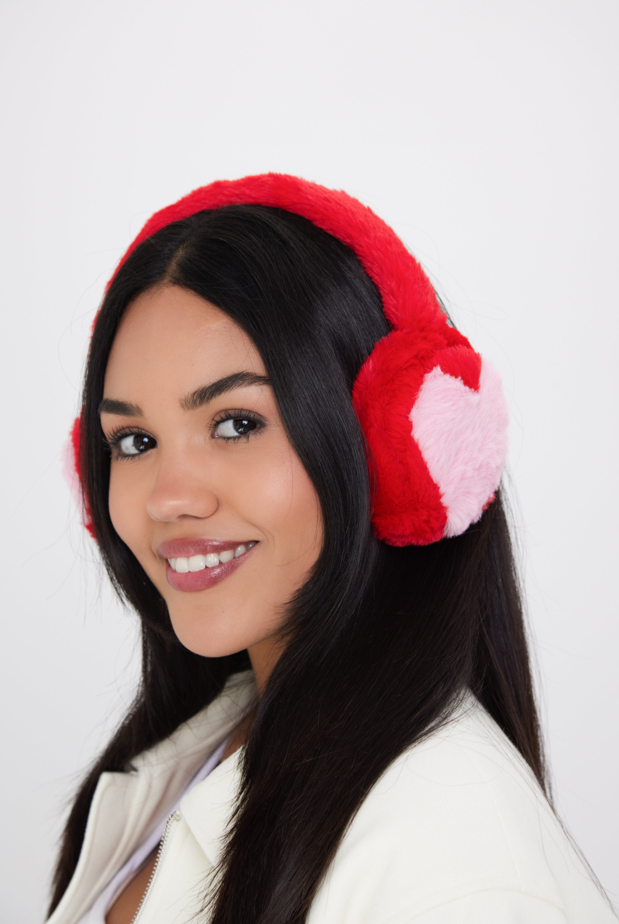 Woman's Fluffy Faux-Fur Earmuffs with Hearts in Red