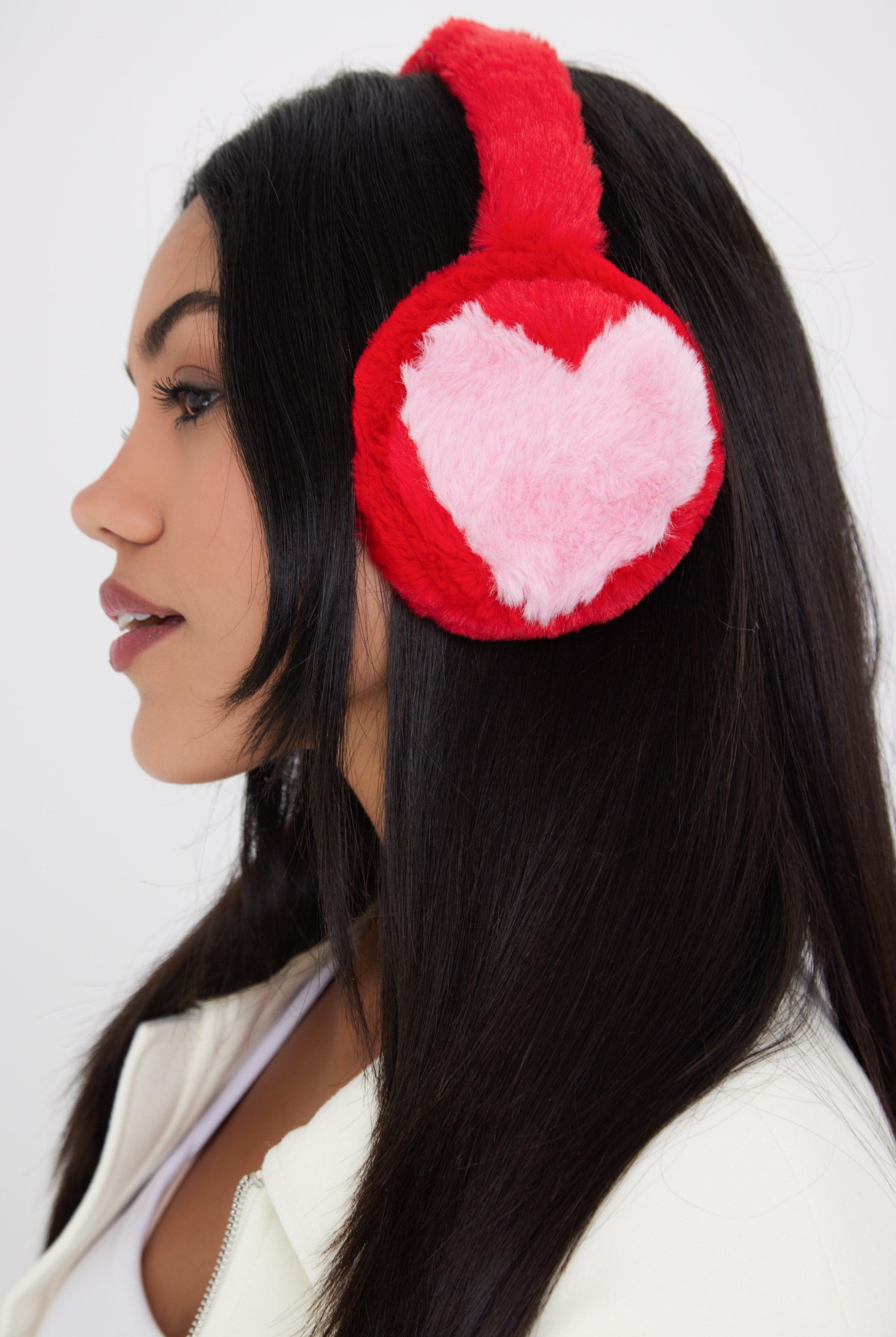 Woman's Fluffy Faux-Fur Earmuffs with Hearts in Red