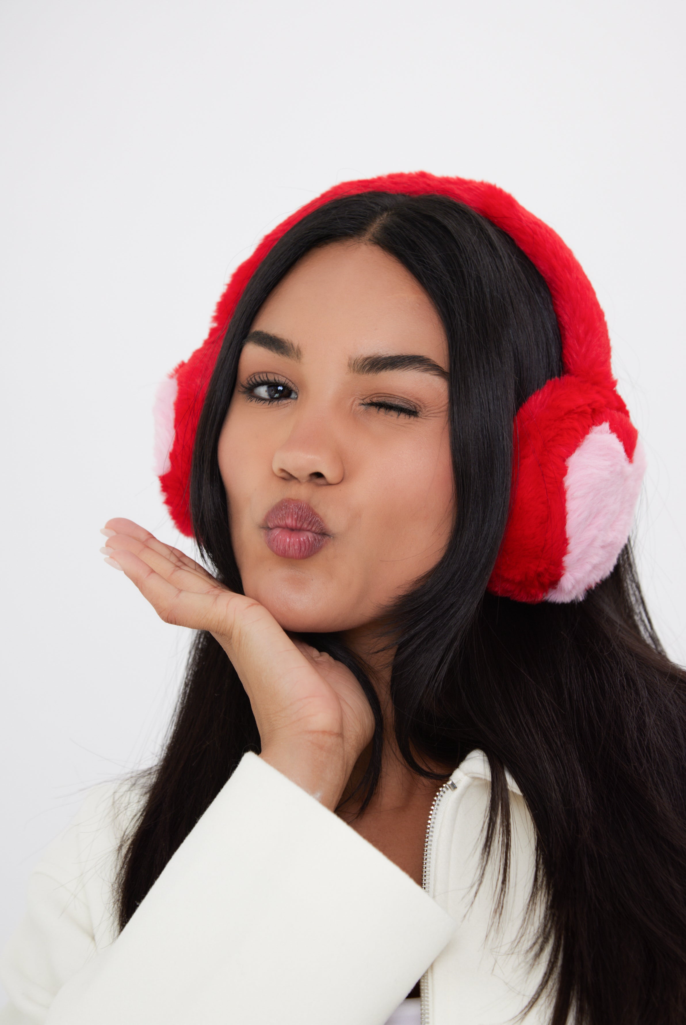 Woman's Fluffy Faux-Fur Earmuffs with Hearts in Red