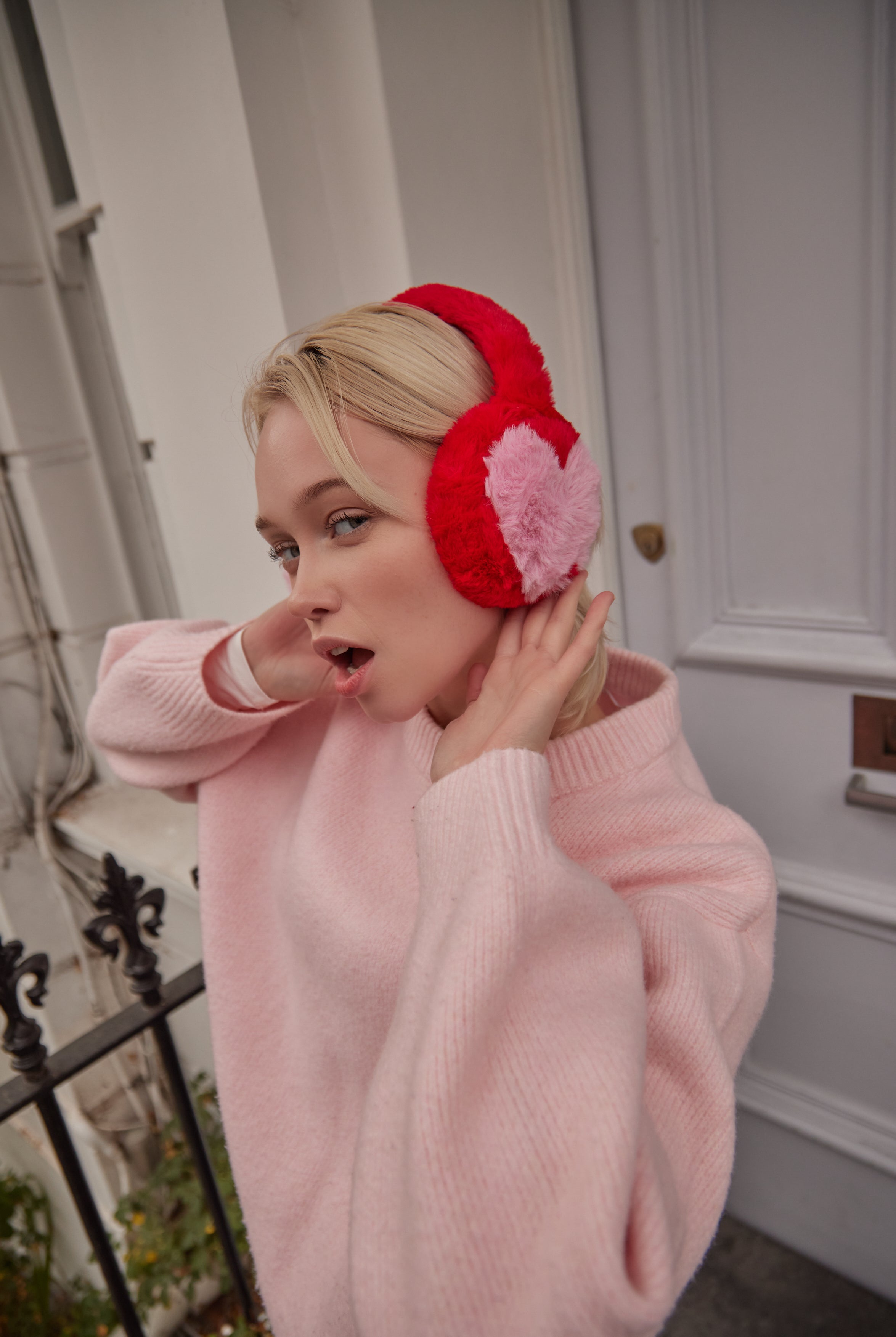 Woman's Fluffy Faux-Fur Earmuffs with Hearts in Red