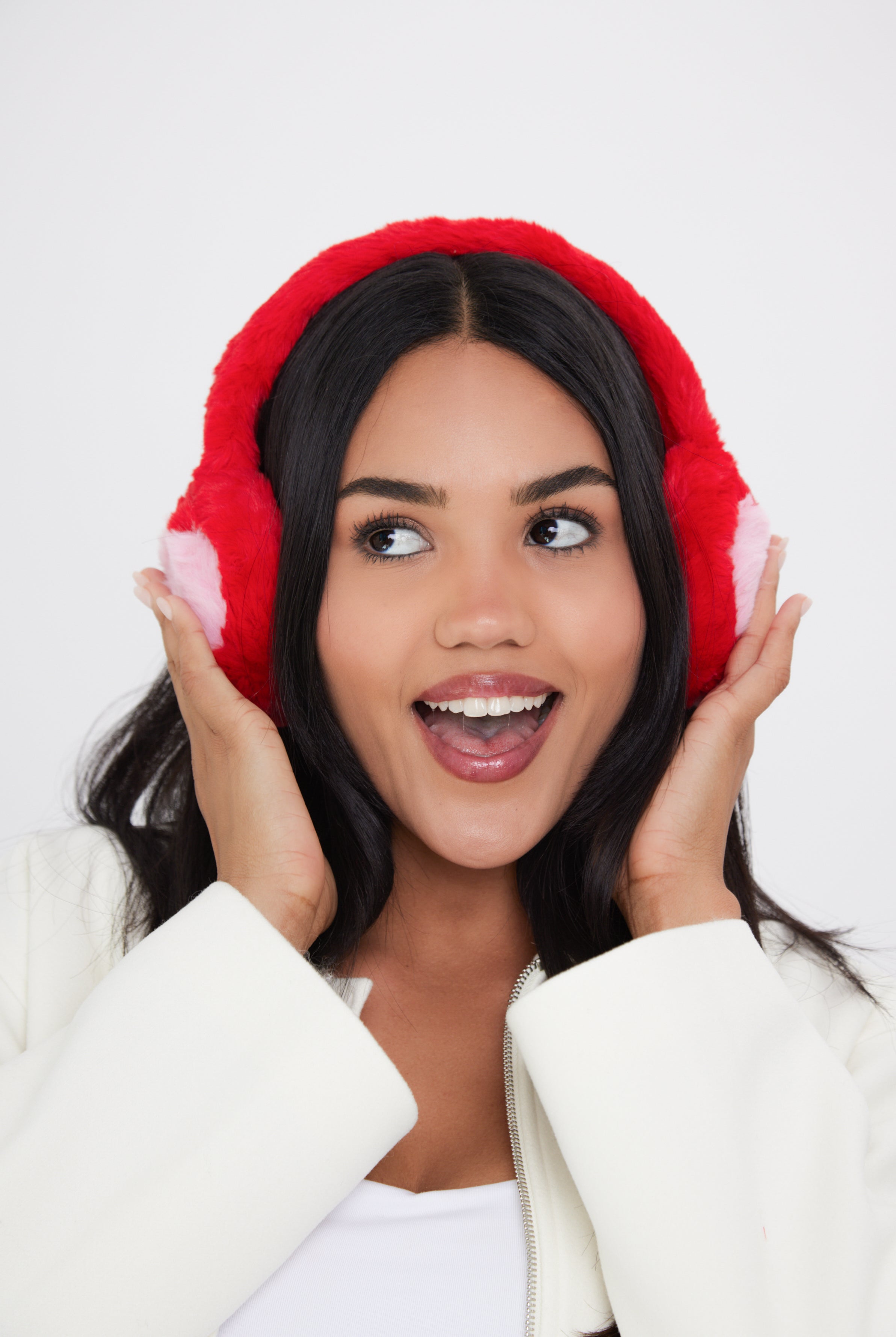 Woman's Fluffy Faux-Fur Earmuffs with Hearts in Red