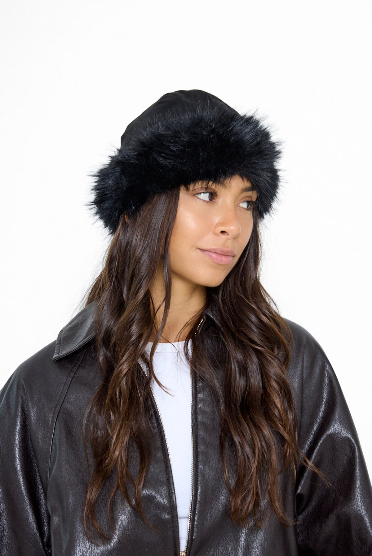 Women's Fluffy Fur Trim Beanie in Black