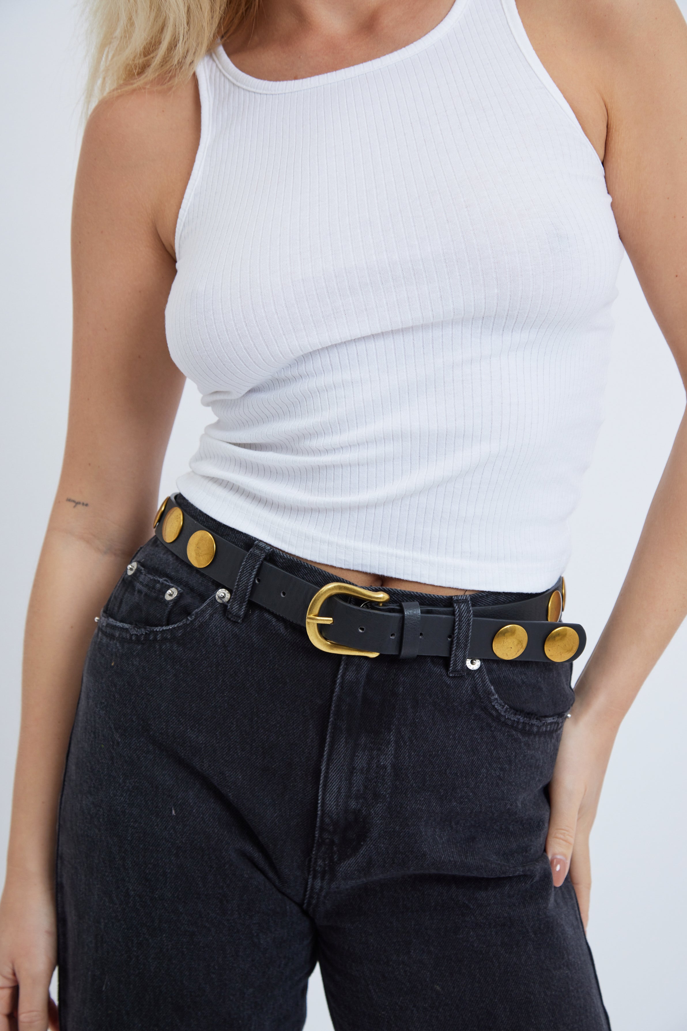 Women’s Studded Belt in Vintage Gold and Black