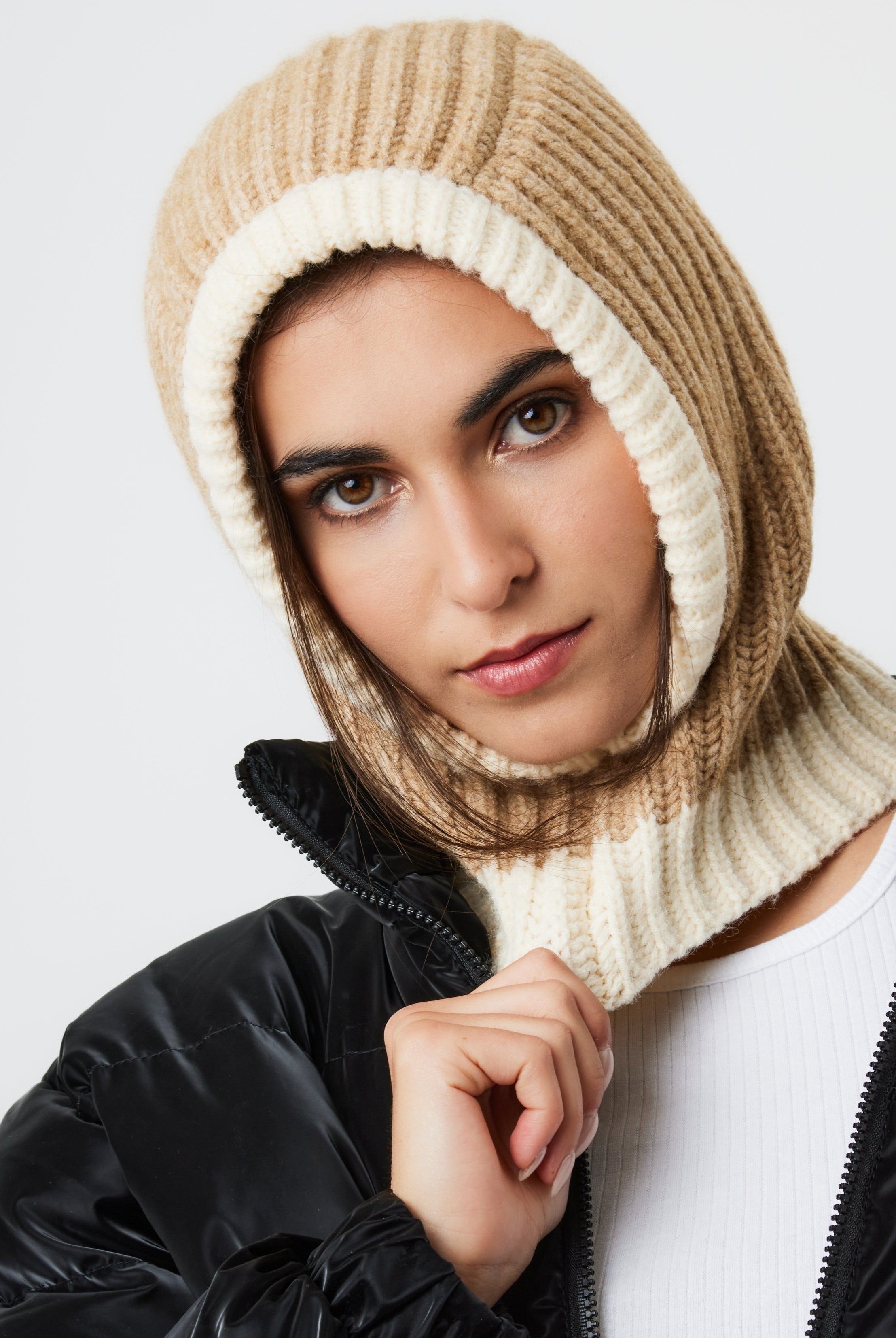 Woman's Knitted Hood Balaclava in Beige