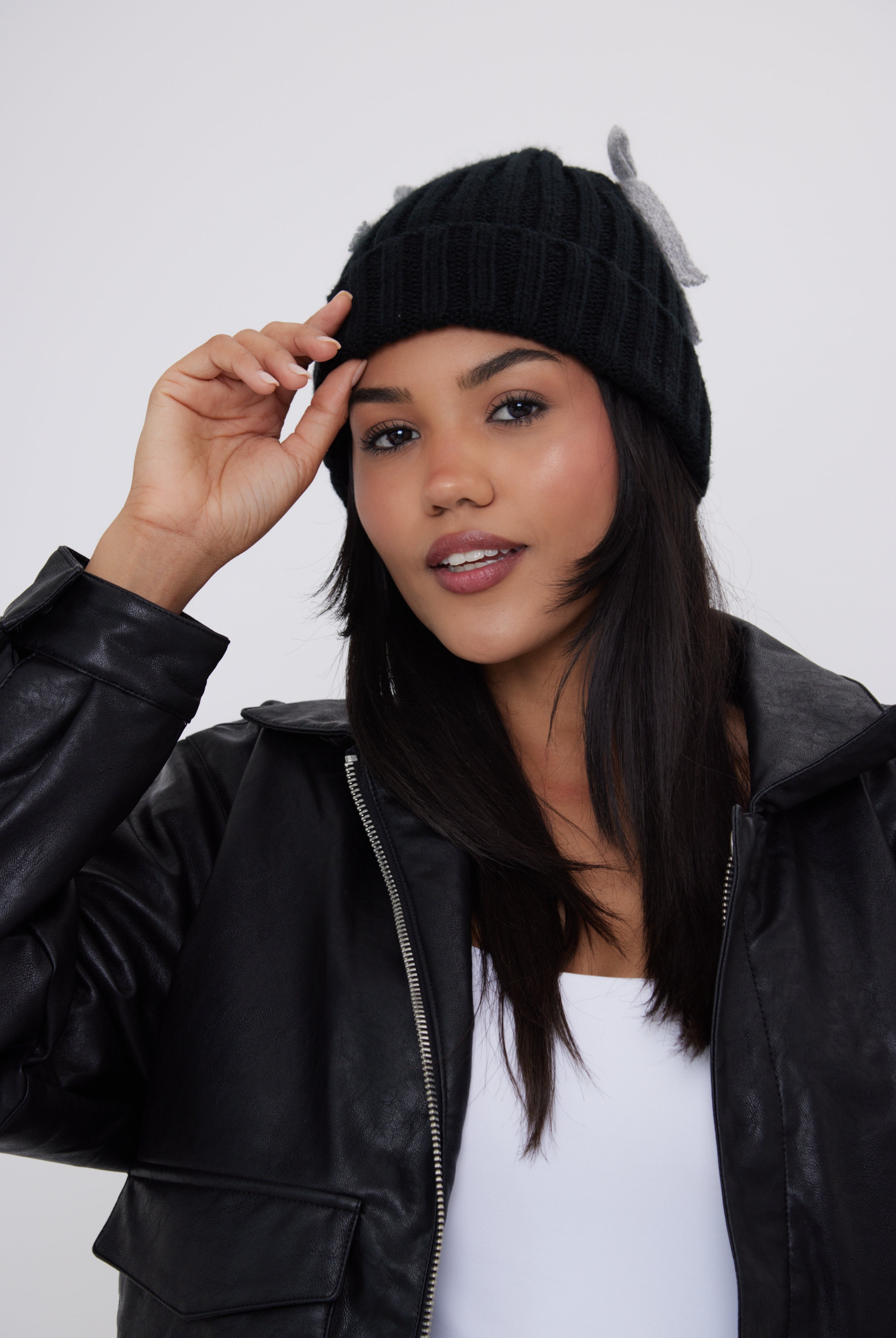 Woman's Mohair Beanie with Bows in Black