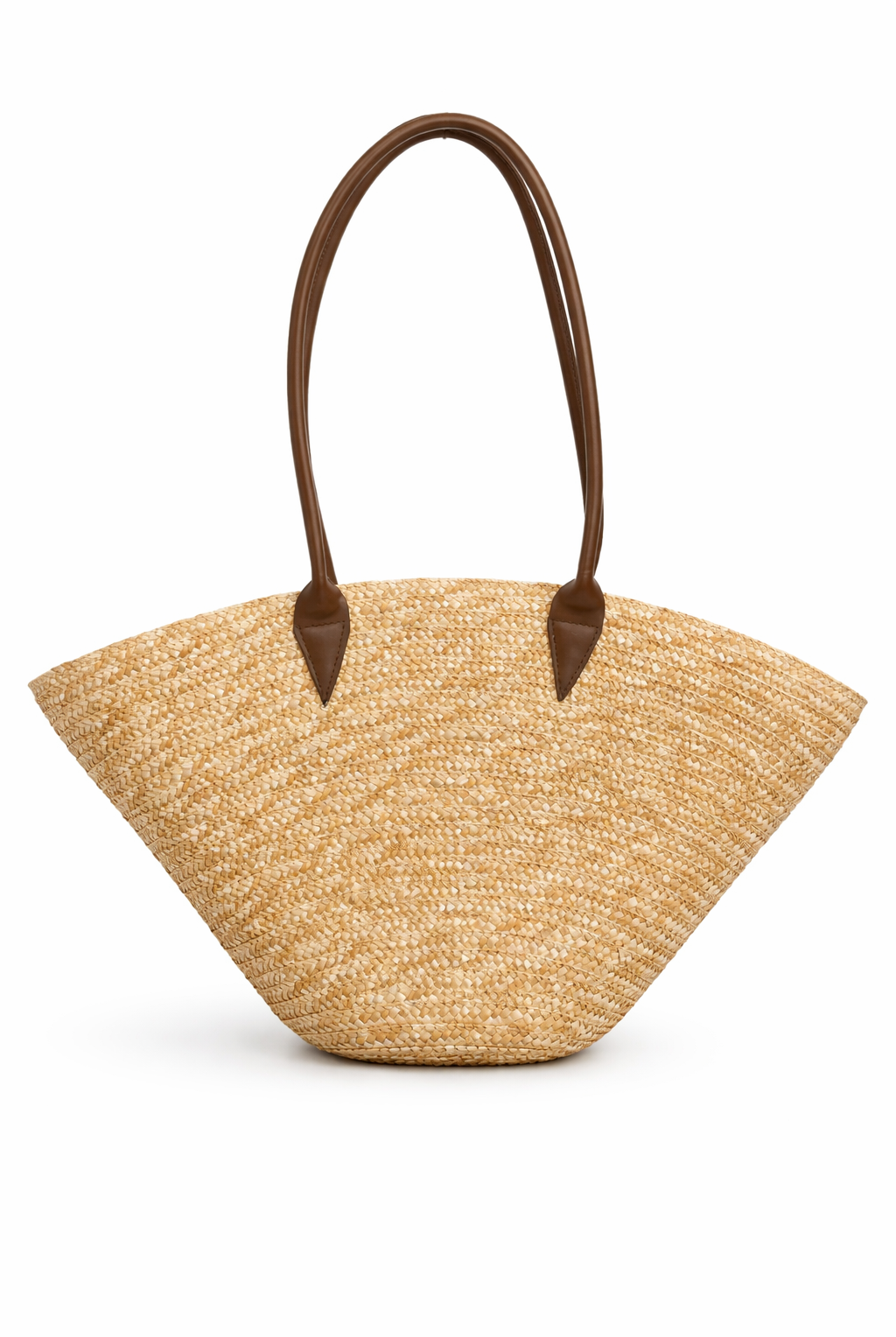 Woven Holiday straw handbag with brown leather handles on a white background