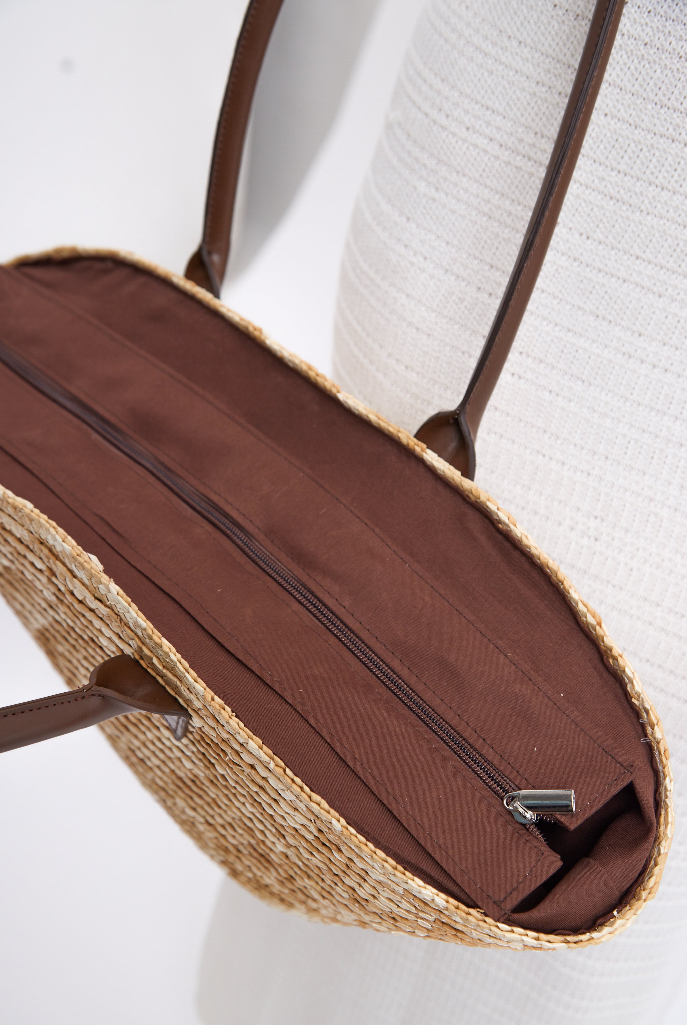 Women’s Oversized Fan Shape Straw Bag with Faux Leather Brown Handles in Natural