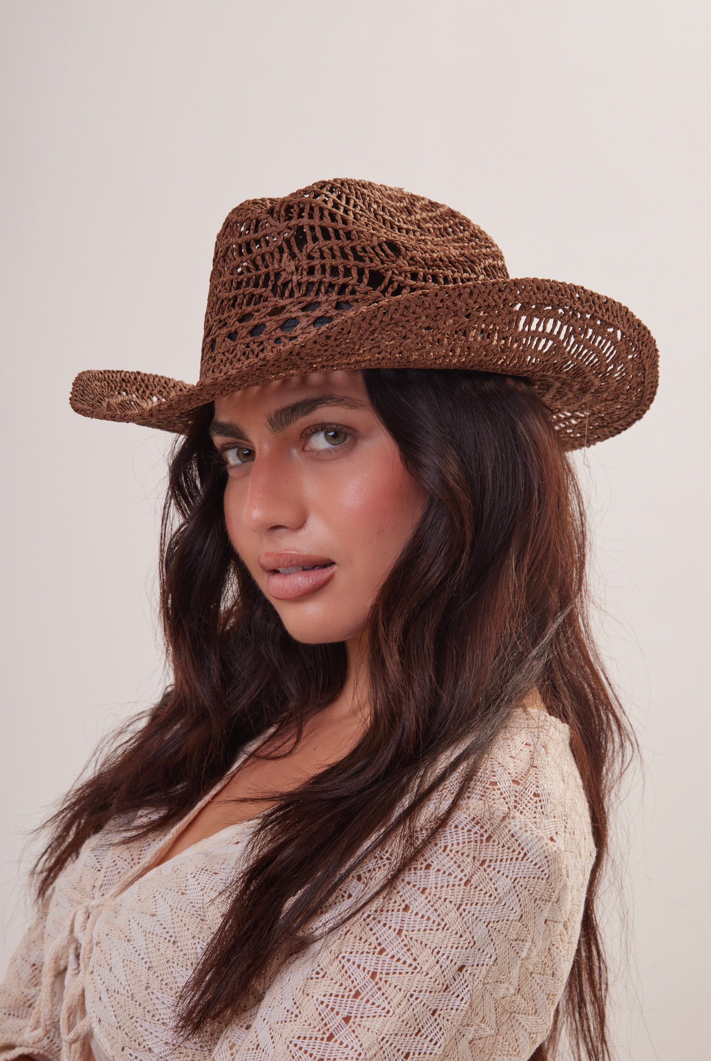 Woman's Open Weave Cowboy Hat in Brown