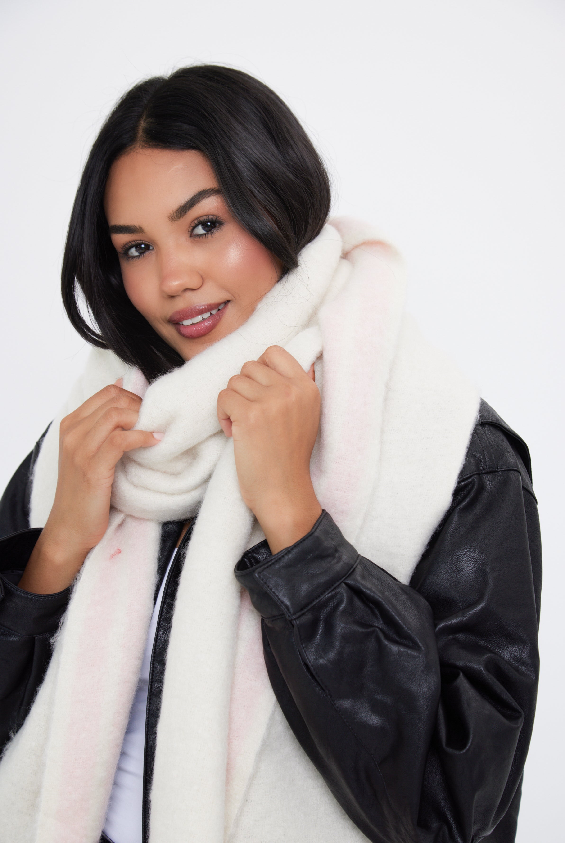 Woman's Oversized Chunky Blanket Scarf with Stripe Detail in Cream, Brown and Pink