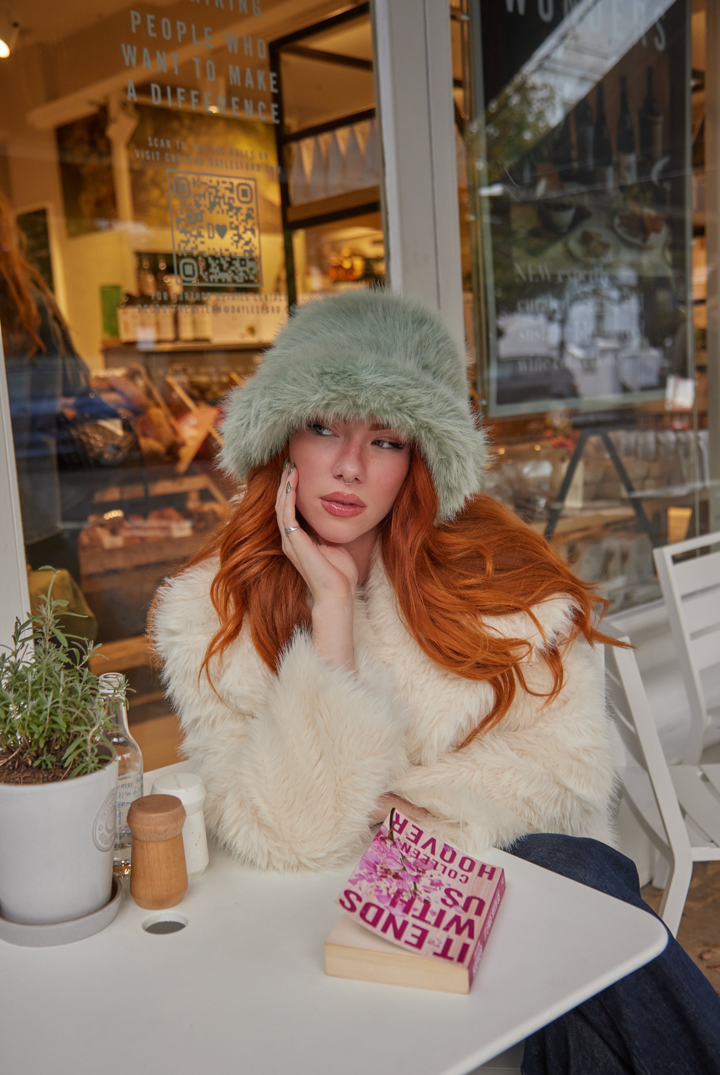 Women's Oversized Fur Bucket Hat in Mint Green