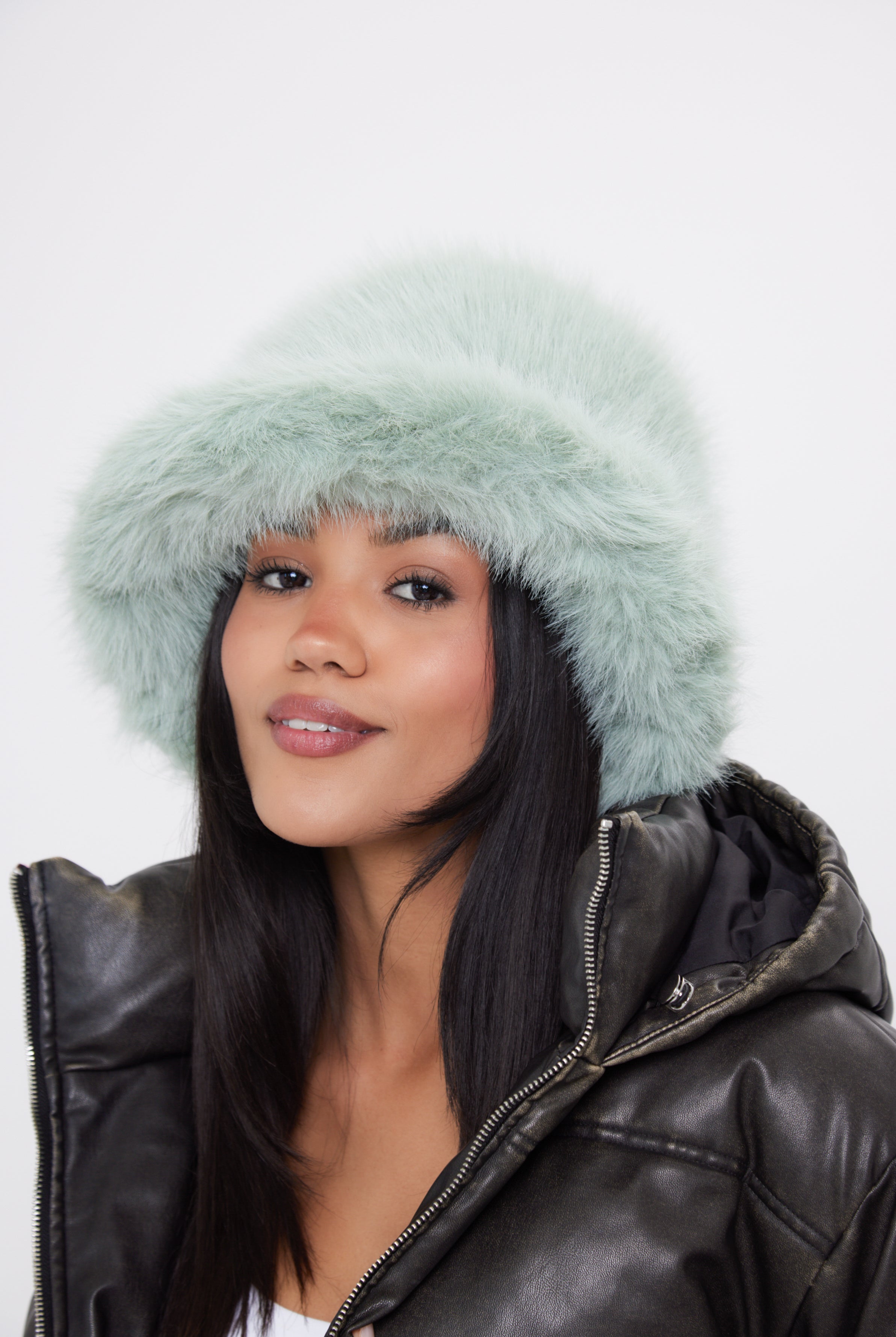 Women's Oversized Fur Bucket Hat in Mint Green