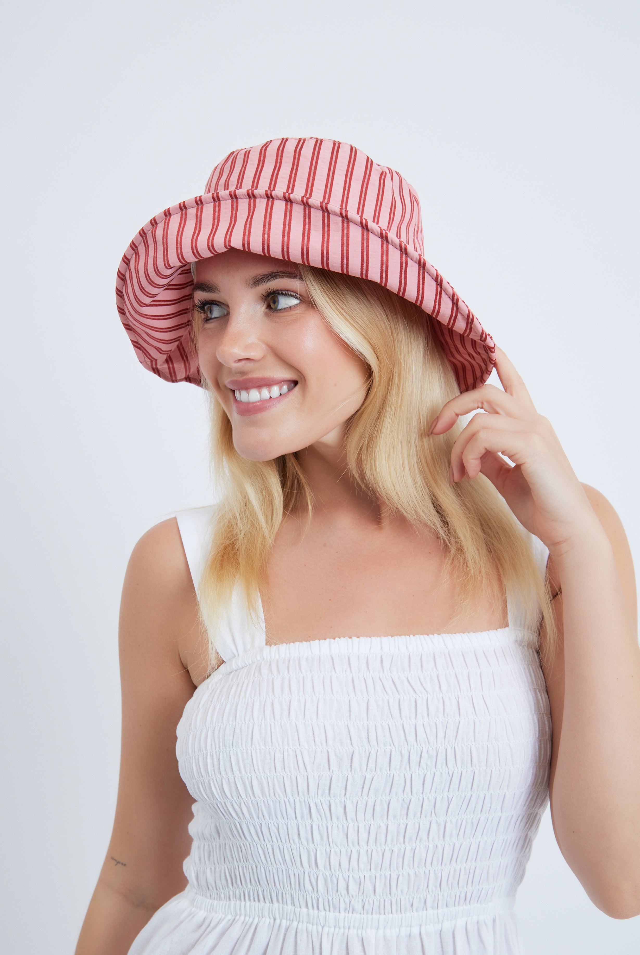 Women’s Bucket Hat in Pink and Red Stripes