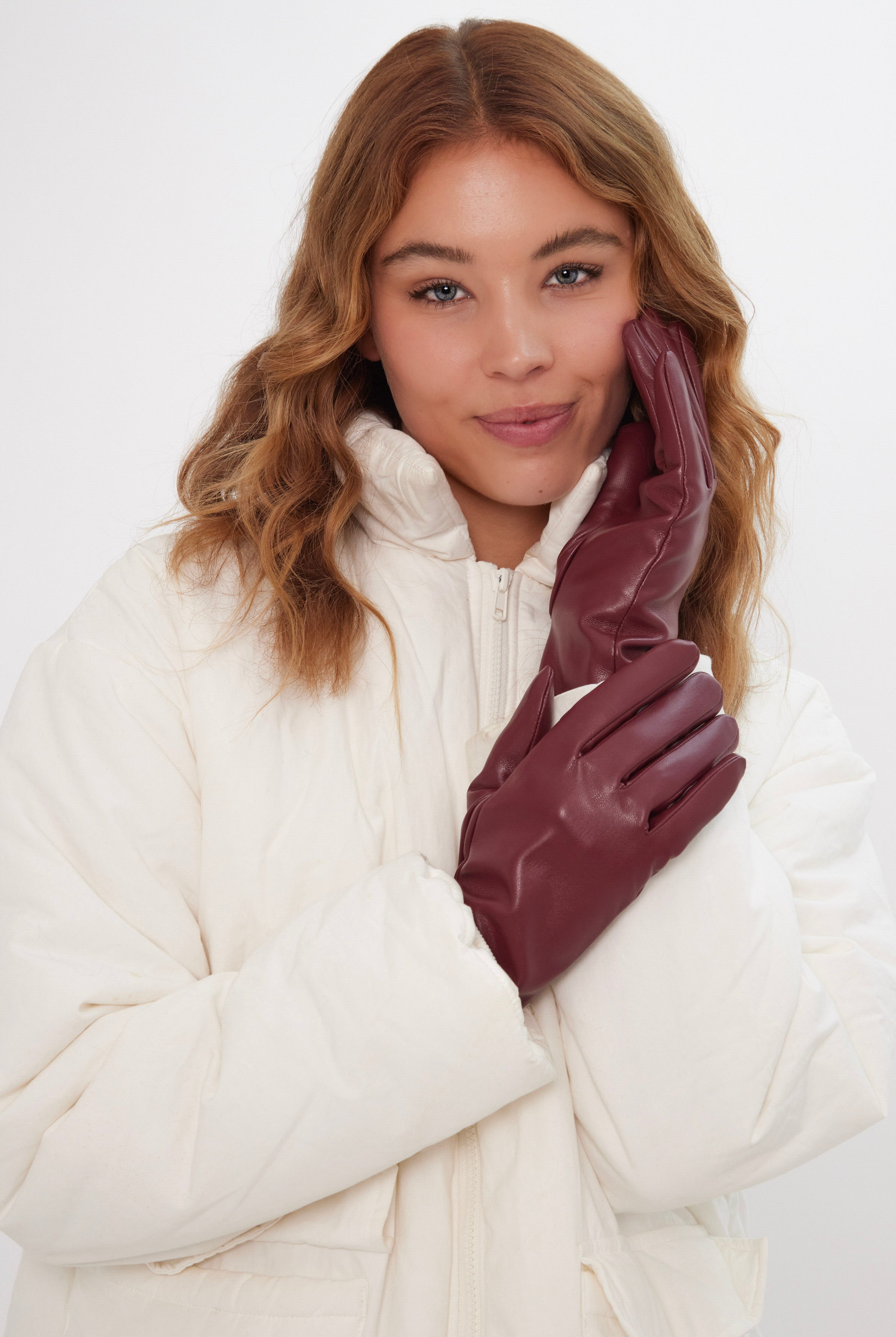 Women’s Touch Screen Leather Look Gloves in Red