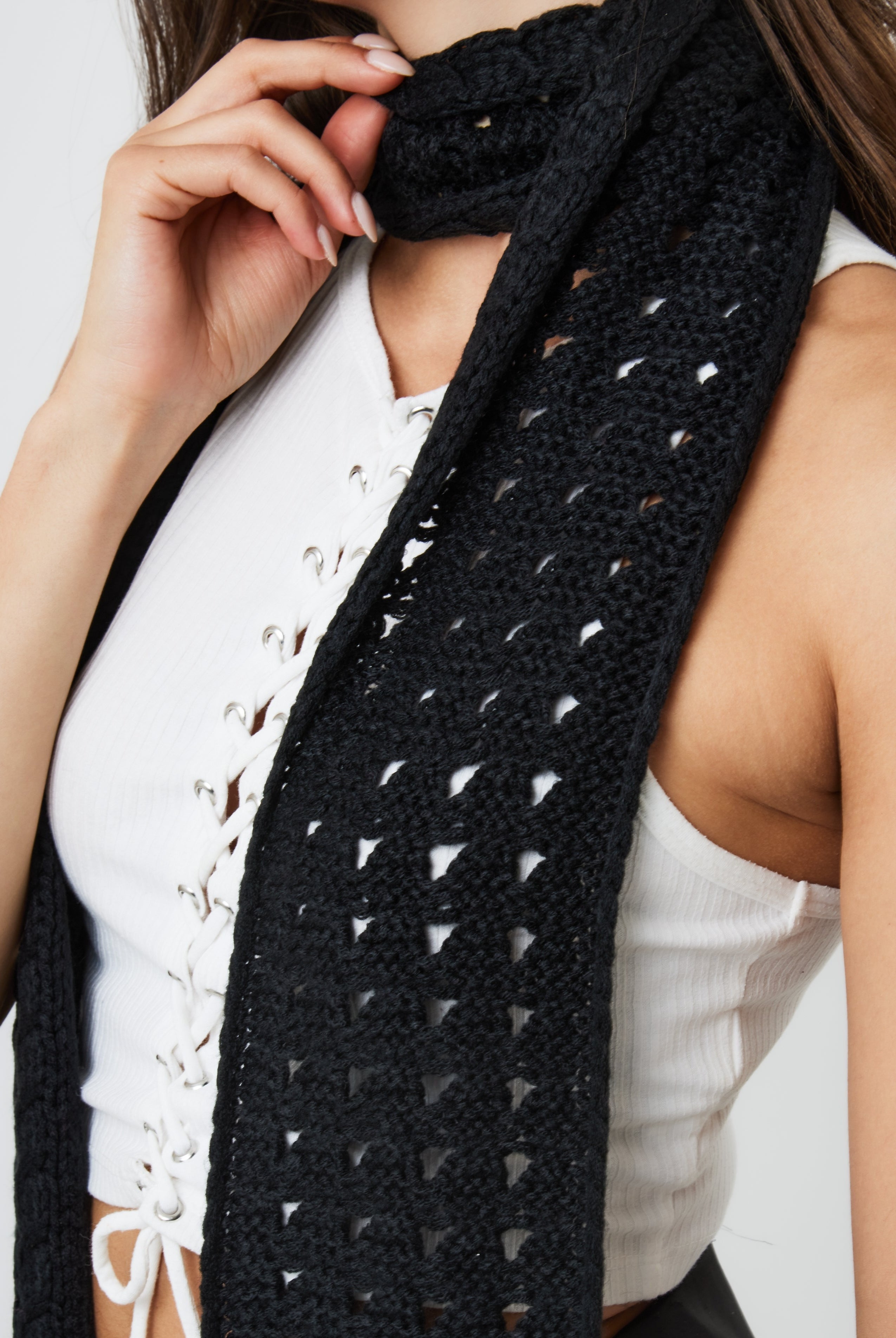 Woman's Skinny Crochet Knit Scarf in Black