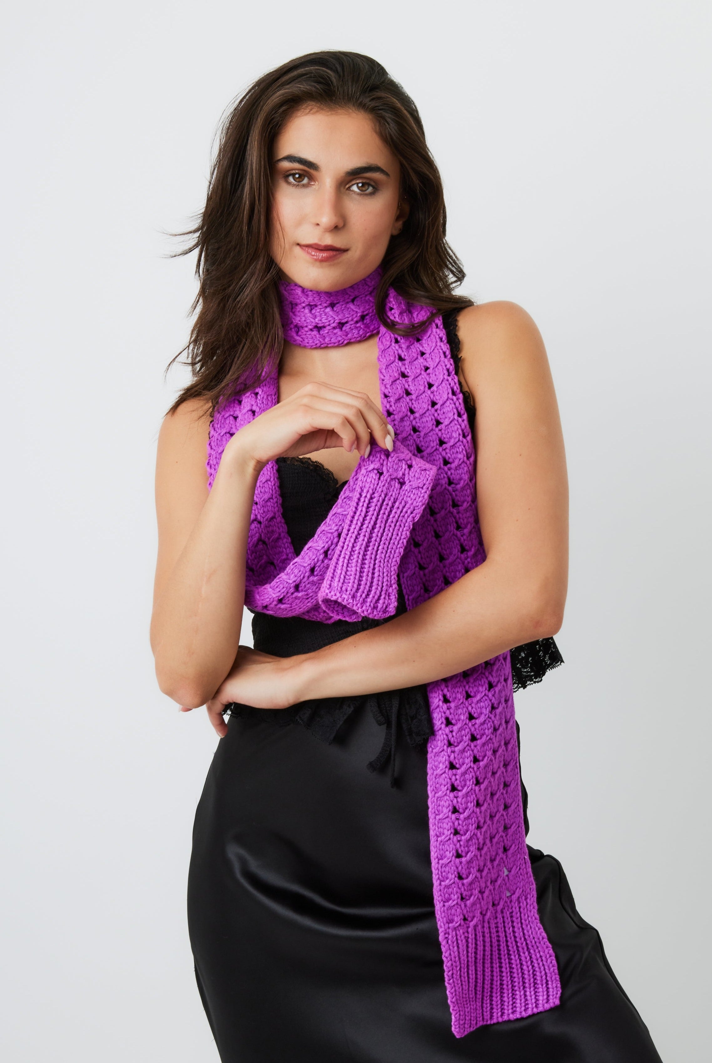 Woman's Skinny Crochet Knit Scarf in Purple