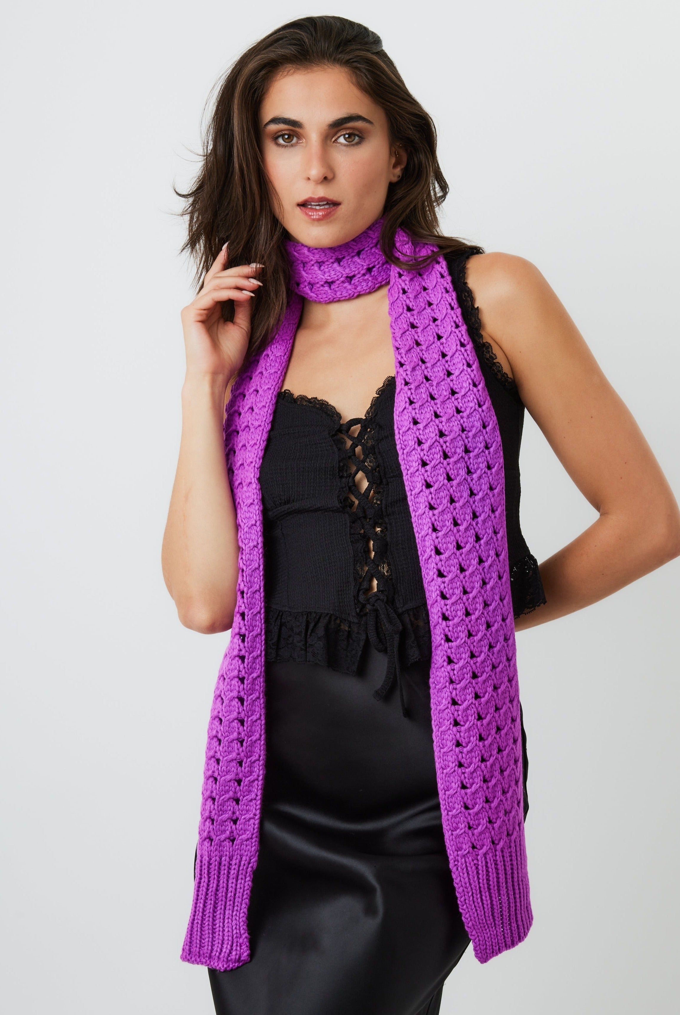 Woman's Skinny Crochet Knit Scarf in Purple