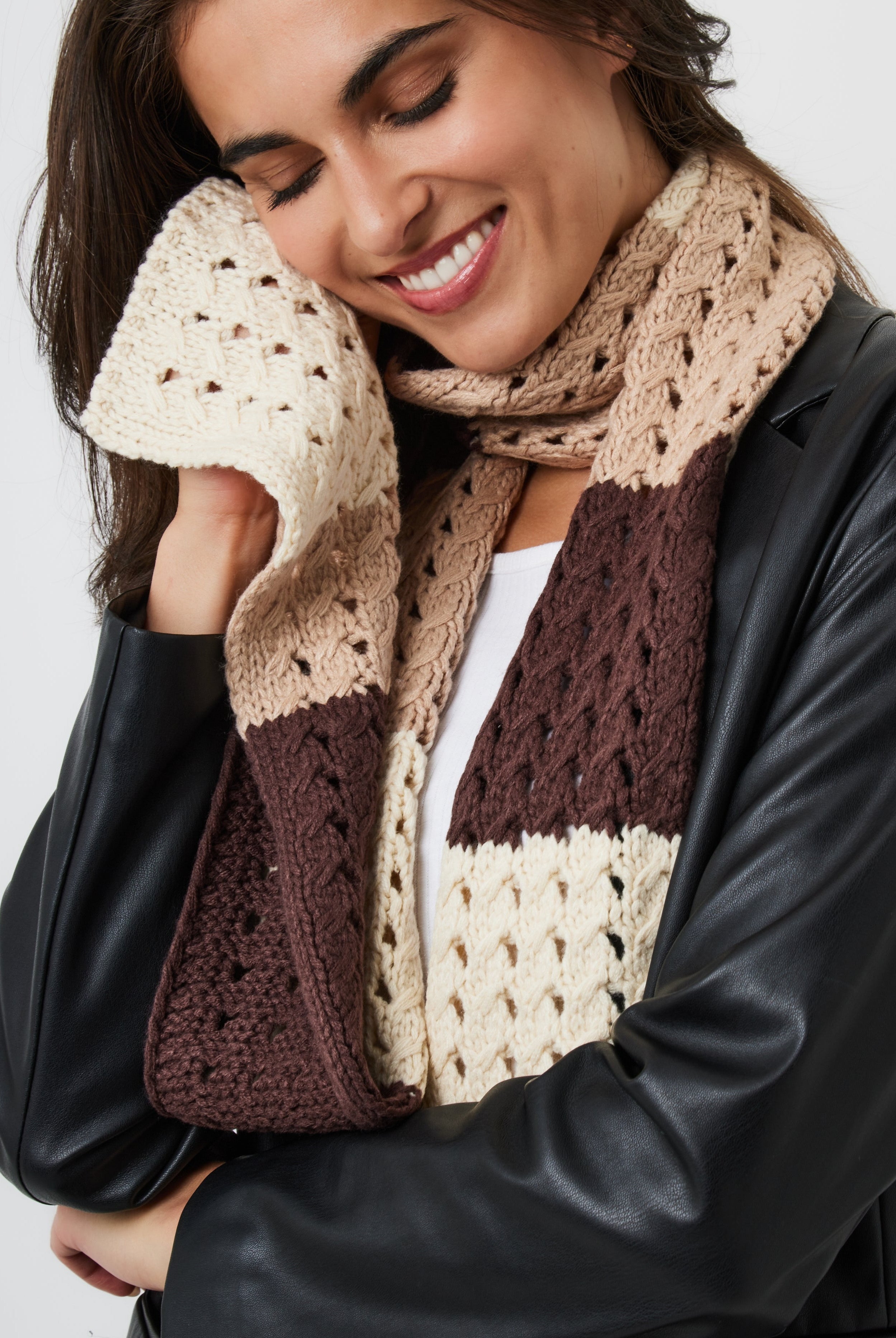 Woman's Skinny Striped Knitted Scarf in Brown
