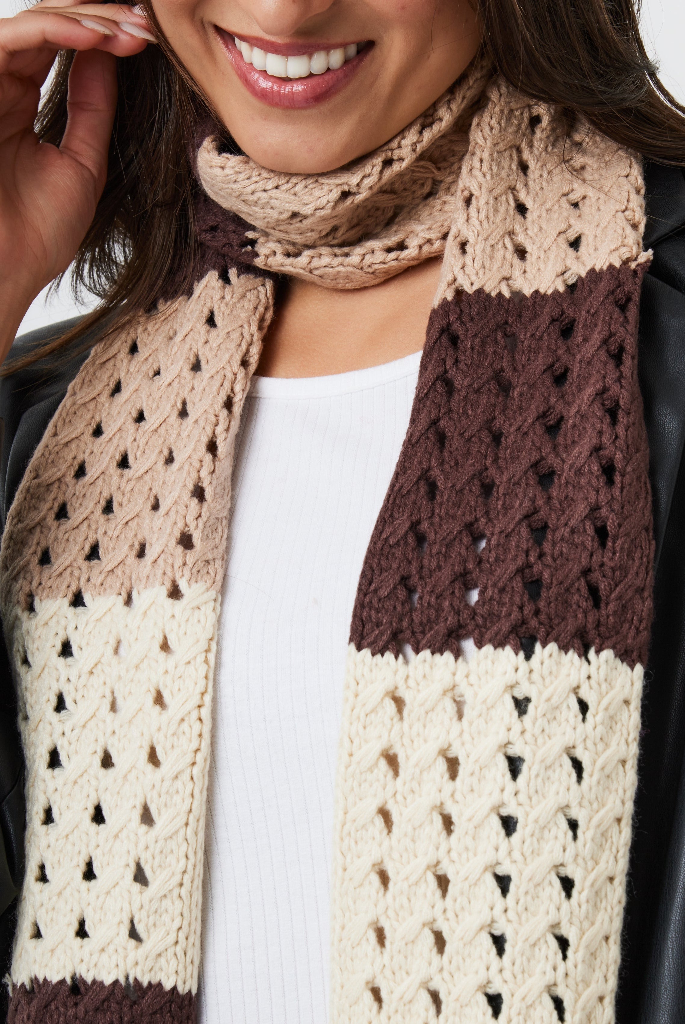 Woman's Skinny Striped Knitted Scarf in Brown