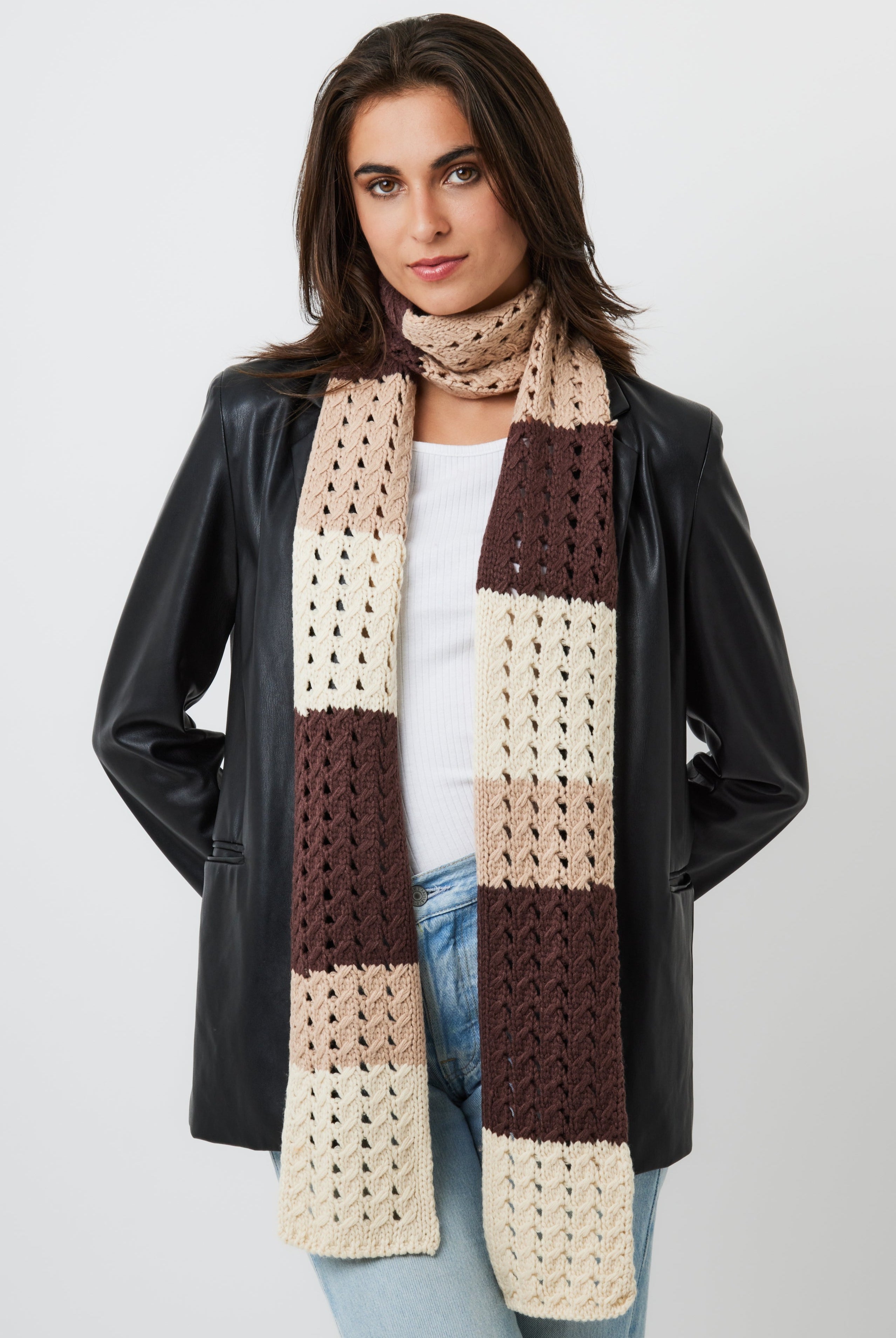 Woman's Skinny Striped Knitted Scarf in Brown