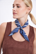 Women’s satin square stripe neck scarf in Navy White